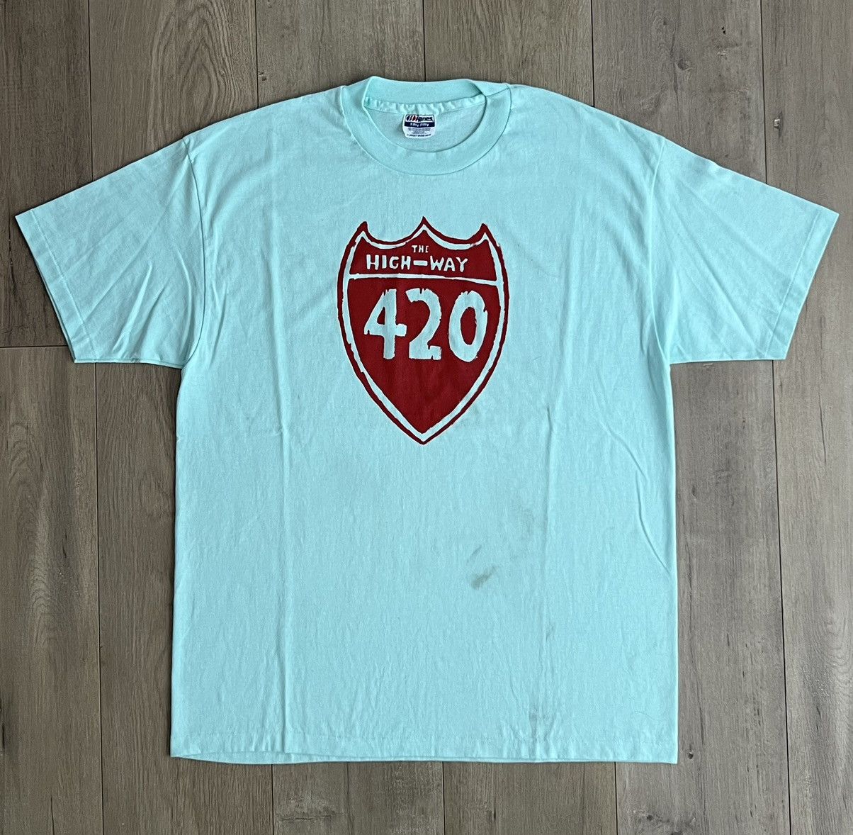 image of Art 1989 Single Stitch Highway 420 Vintage Teal Graphic Tee, Men's (Size XL)