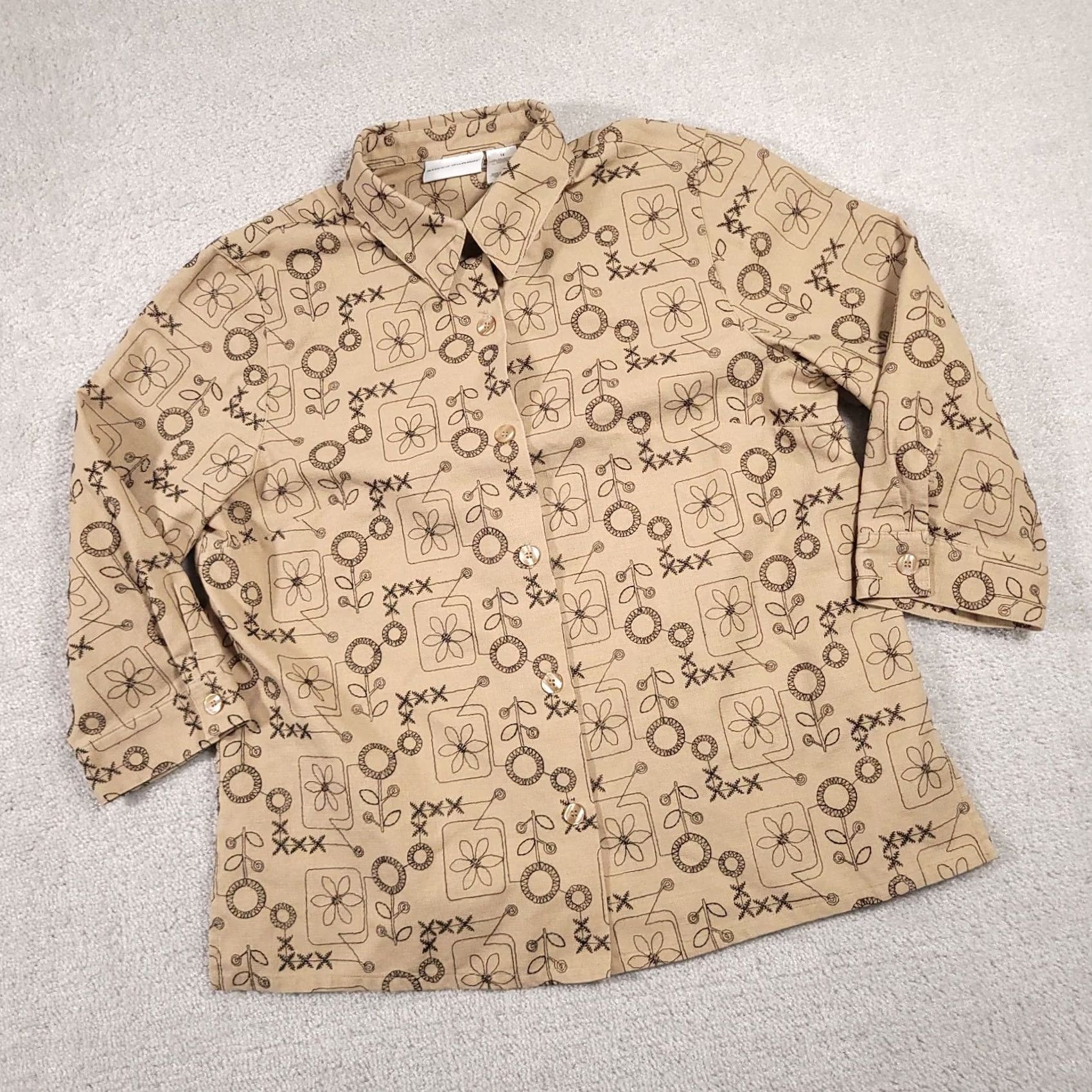 Vintage Alfred Dunner Linen Blend 3/4 Sleeve Embroidered Button Up Shirt Women's 14 Tan Beige Linen Blend Embroidered Button Up Shirt Womens 14 Tan Beige Size XL / US 12-14 / IT 48-50 - 2 Thumbnail