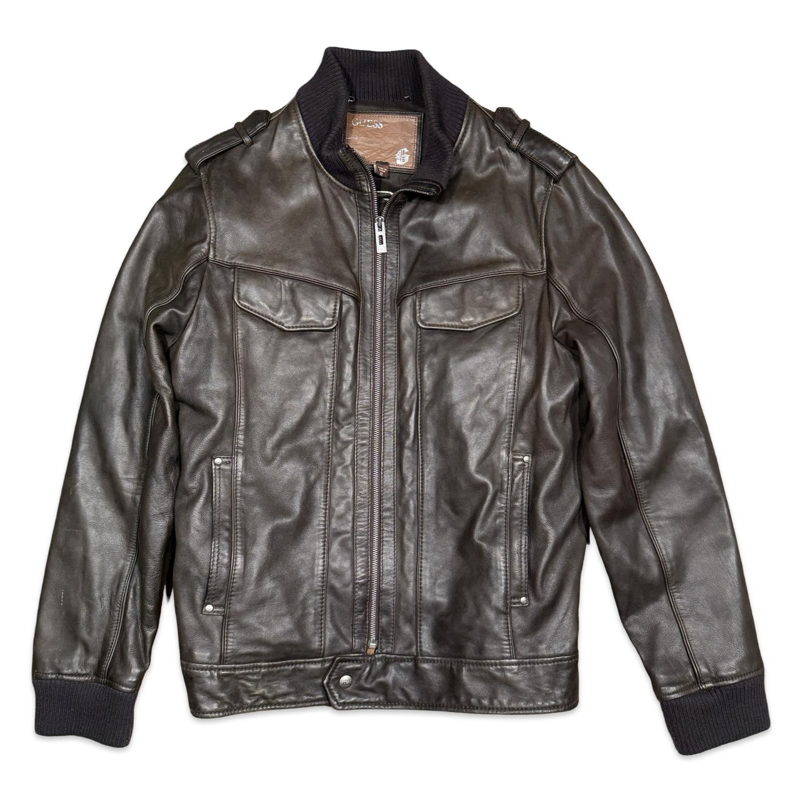 Guess Faux Leather Bomber Jacket GUESS Men's Brown Leather Bomber