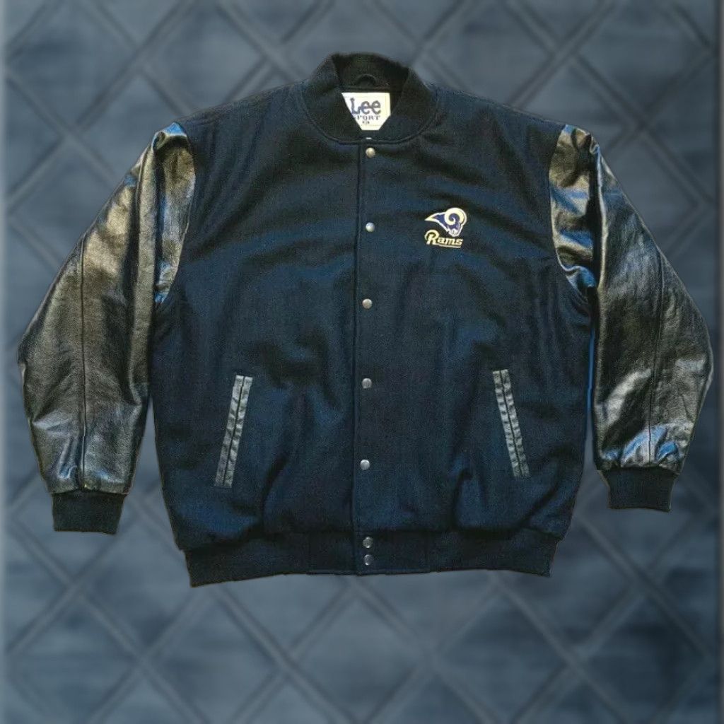 Lee VINTAGE Lee Sport Rams Wool Leather Bomber Varsity Jacket Snap XL Men's Black Wool 70%/30% Blend Rams Logo Leather Sleeves Varsity Jacket Size US XL / EU 56 / 4 - 1 Thumbnail