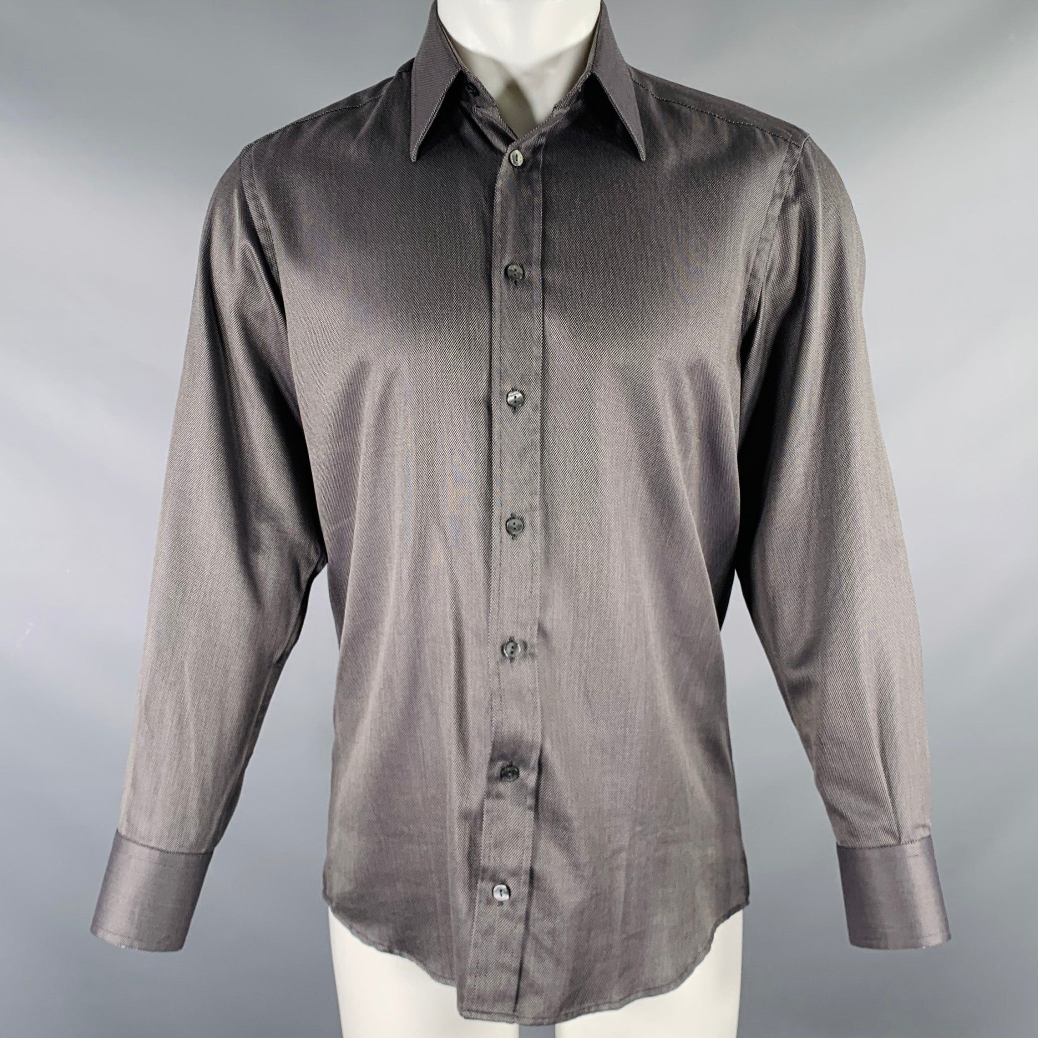 Image of Dolce Gabbana Grey Black Nailhead Cotton Button Up Long Sleeve Shirt, Men's (Size Small)