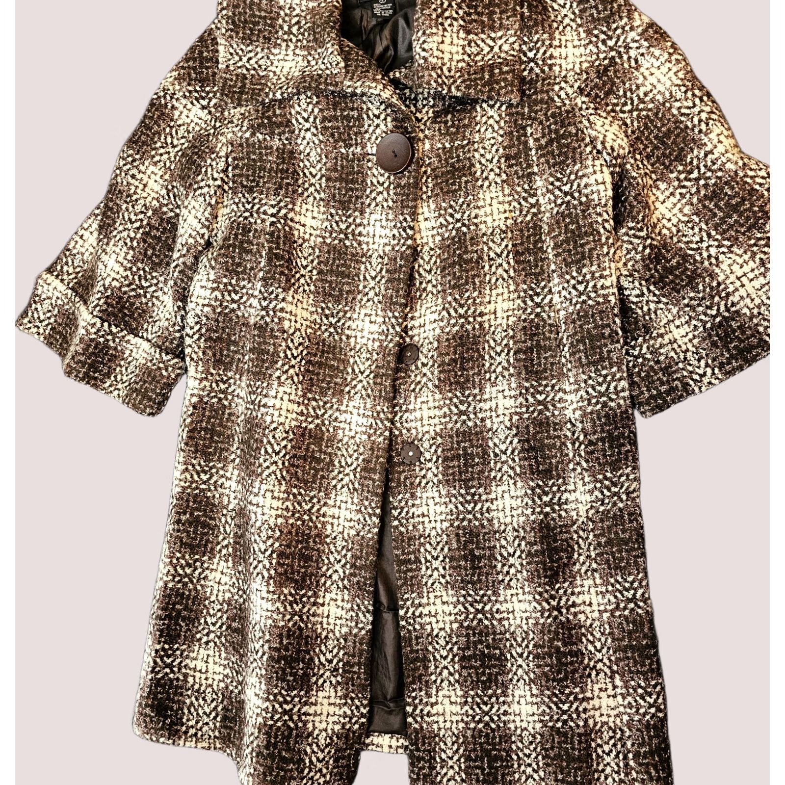 Vintage VINTAGE Focus 2000 Women's Jacket Plaid Brown Knit 3/4 Sleeve Open Collar Pockets Faux Leather Trim Mid-Length Size 4 Brown Womens Size S / US 4 / IT 40 - 1 Thumbnail
