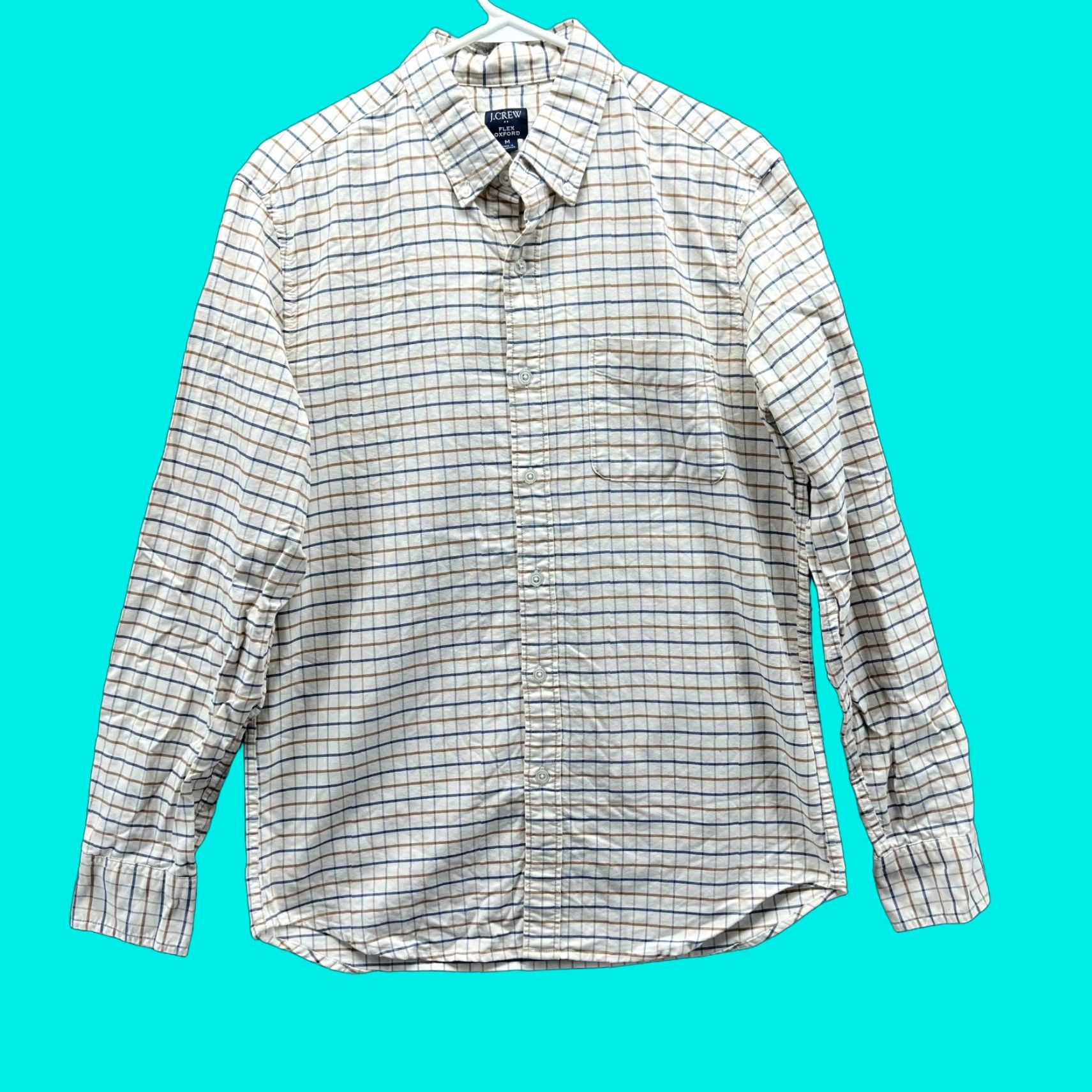 J.Crew VINTAGE J.CREW Shirt Men Medium Beige Flex Oxford Button Down Check Cotton Pocket Tan Size US M / EU 48-50 / 2 - 1 Thumbnail