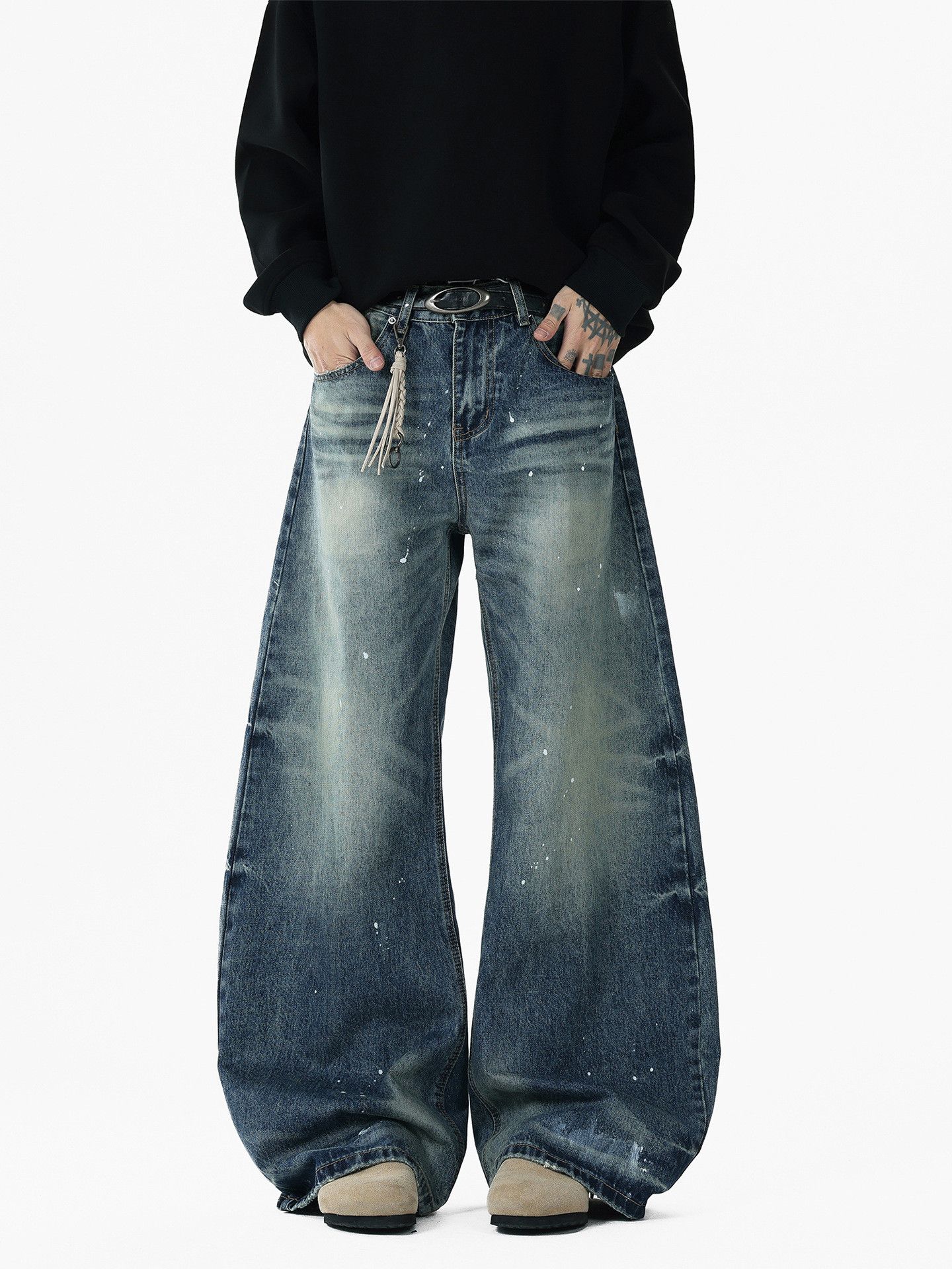 Vintage Retro Washed Distressed Splatter-Painted Curved-Leg Jeans Size US 32 / EU 48 - 1 Thumbnail