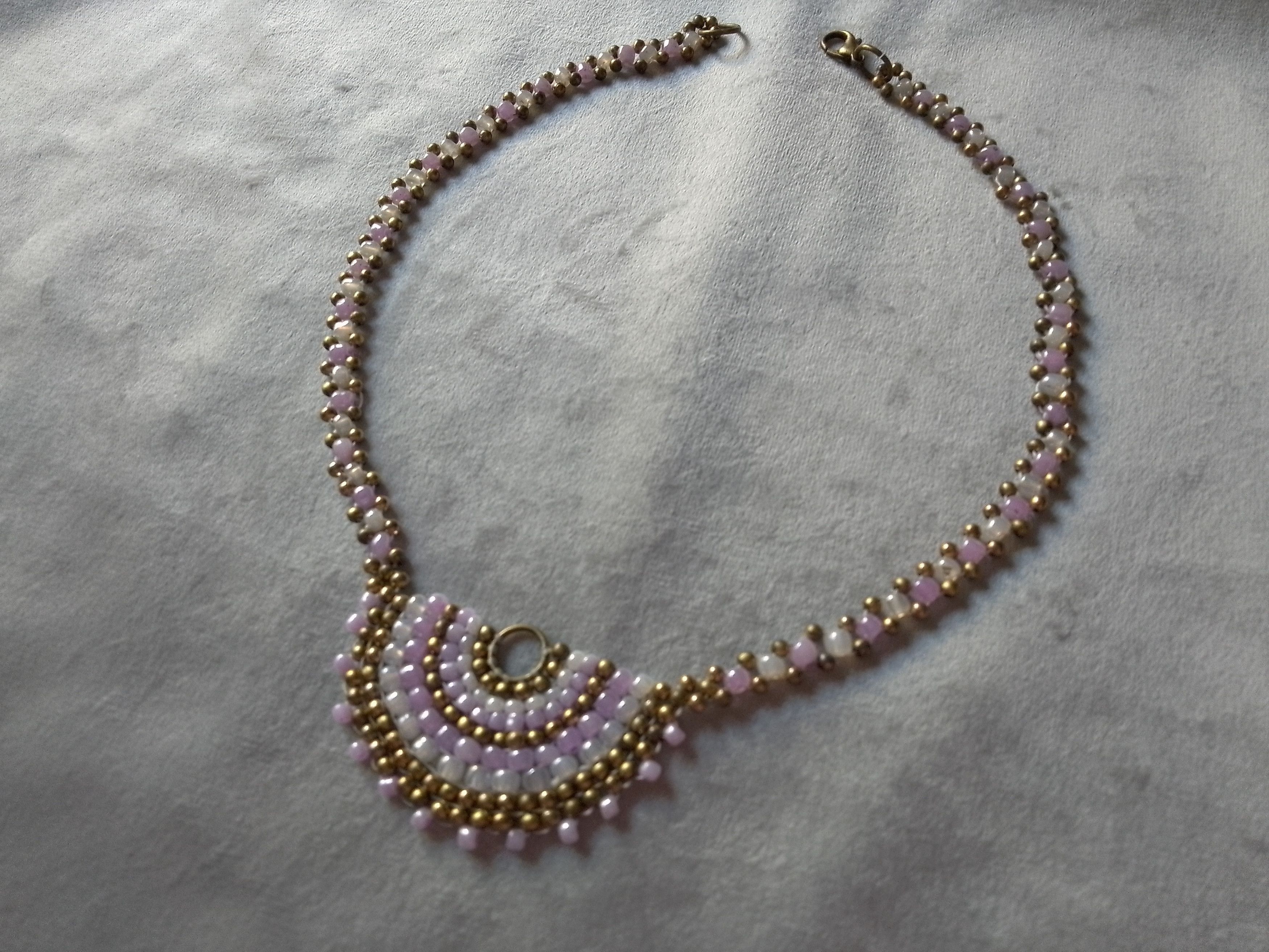 Handmade Necklace Antique Brass White/Purple Glass Elegant Size ONE SIZE - 3 Thumbnail