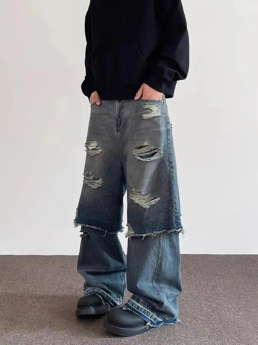 Japanese Brand High Street Hip Hop Fake Two Piece Layered Aged Jeans Size US 32 / EU 48 - 6 Thumbnail
