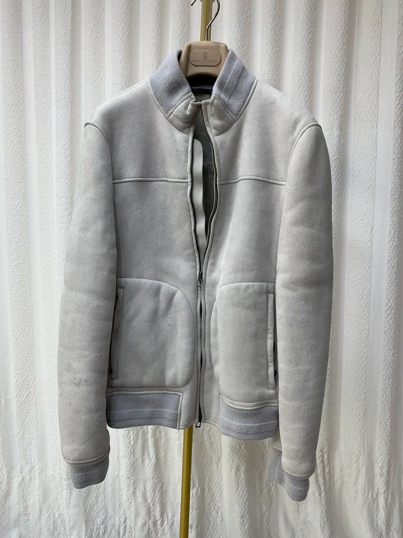 LORO PIANA Gray small stand collar men's fur and leather c