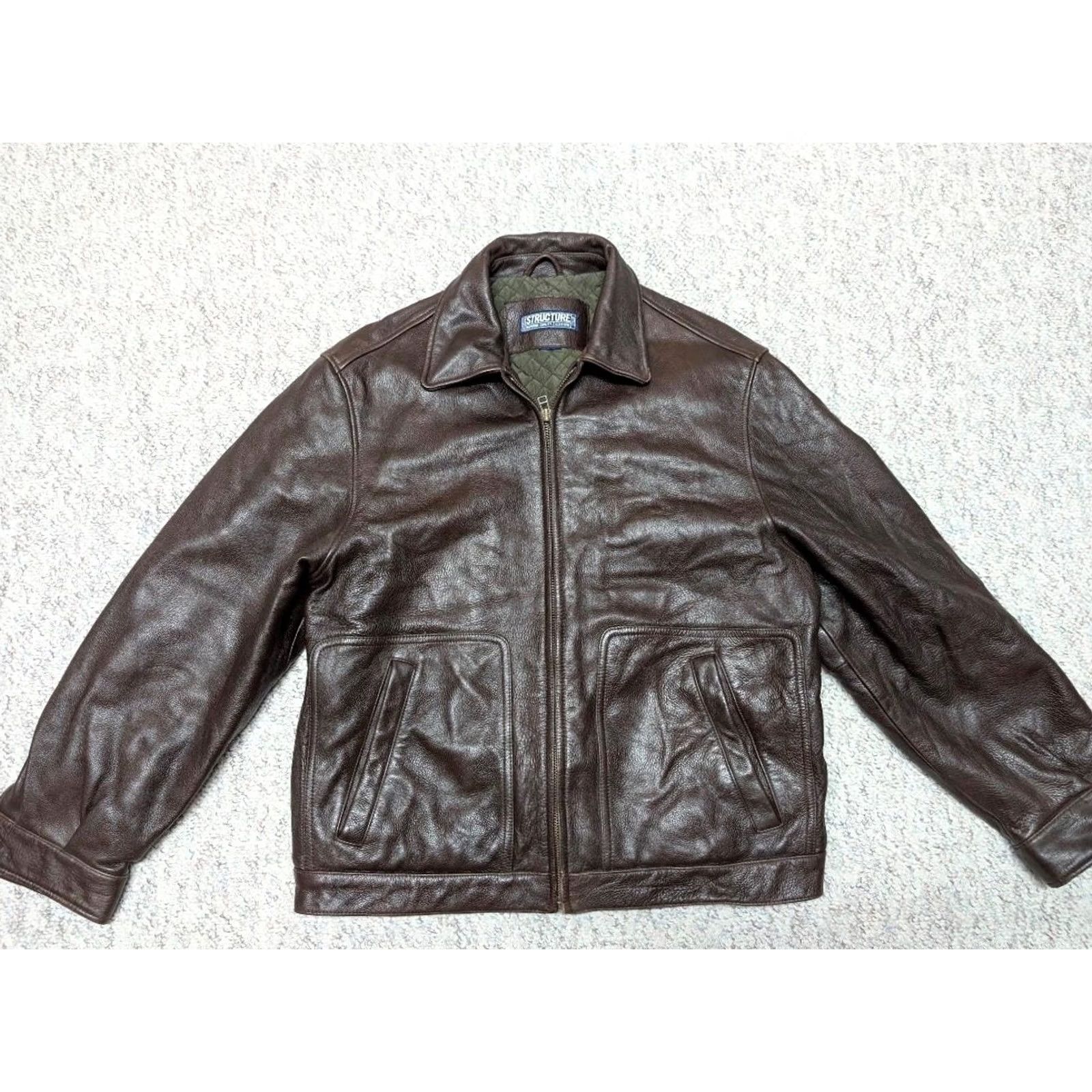 Vintage VINTAGE Structure Bomber Jacket Men's Brown Leather Cowhide L 42-44 Chest 25.5" Arm 28" Length 23.5" Quilted, Lined 1990s Y2K Size US L / EU 52-54 / 3 - 3 Thumbnail