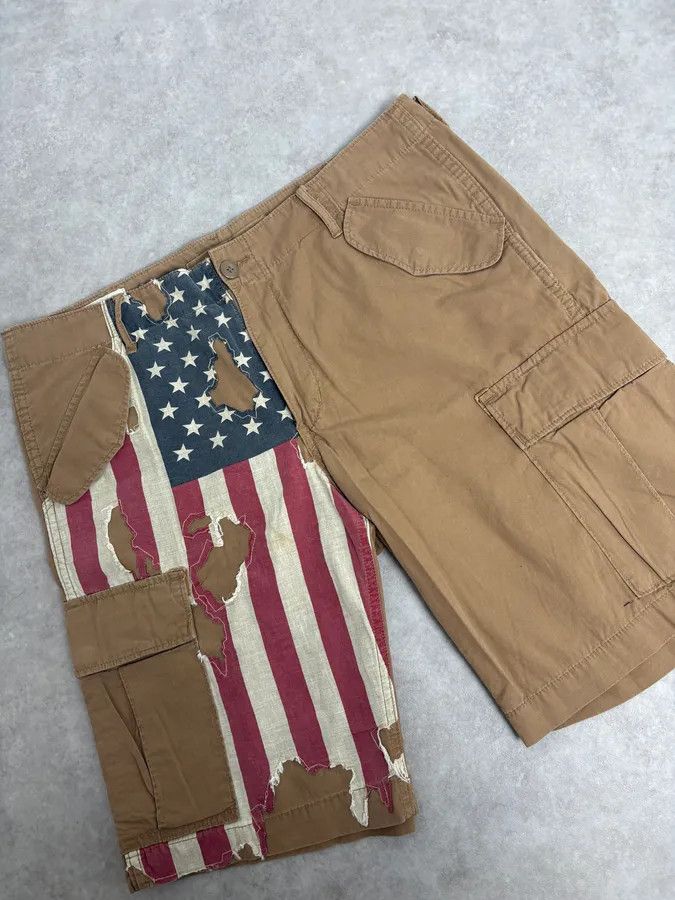 Polo Ralph Lauren 2000s Ralph Lauren USA Distressed Flag Beige Shorts Size US 34 / EU 50 - 7 Thumbnail