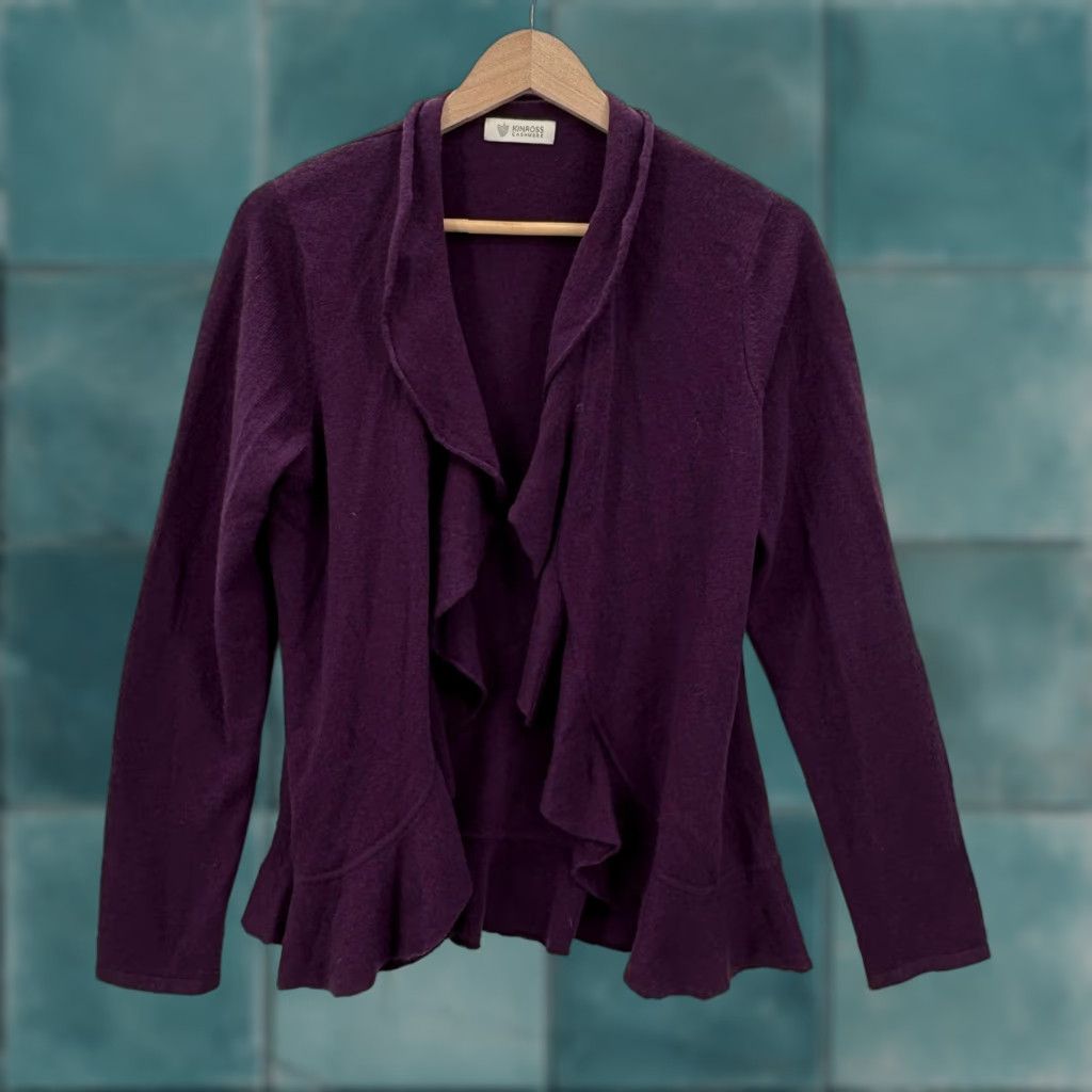 Vintage Kinross Cashmere Cardigan Sweater Womens Medium Purple Ruffle Hem Open Front Knit 100% Cashmere V-Neck Long Sleeve Solid Fall Winter Size M / US 6-8 / IT 42-44 - 1 Thumbnail