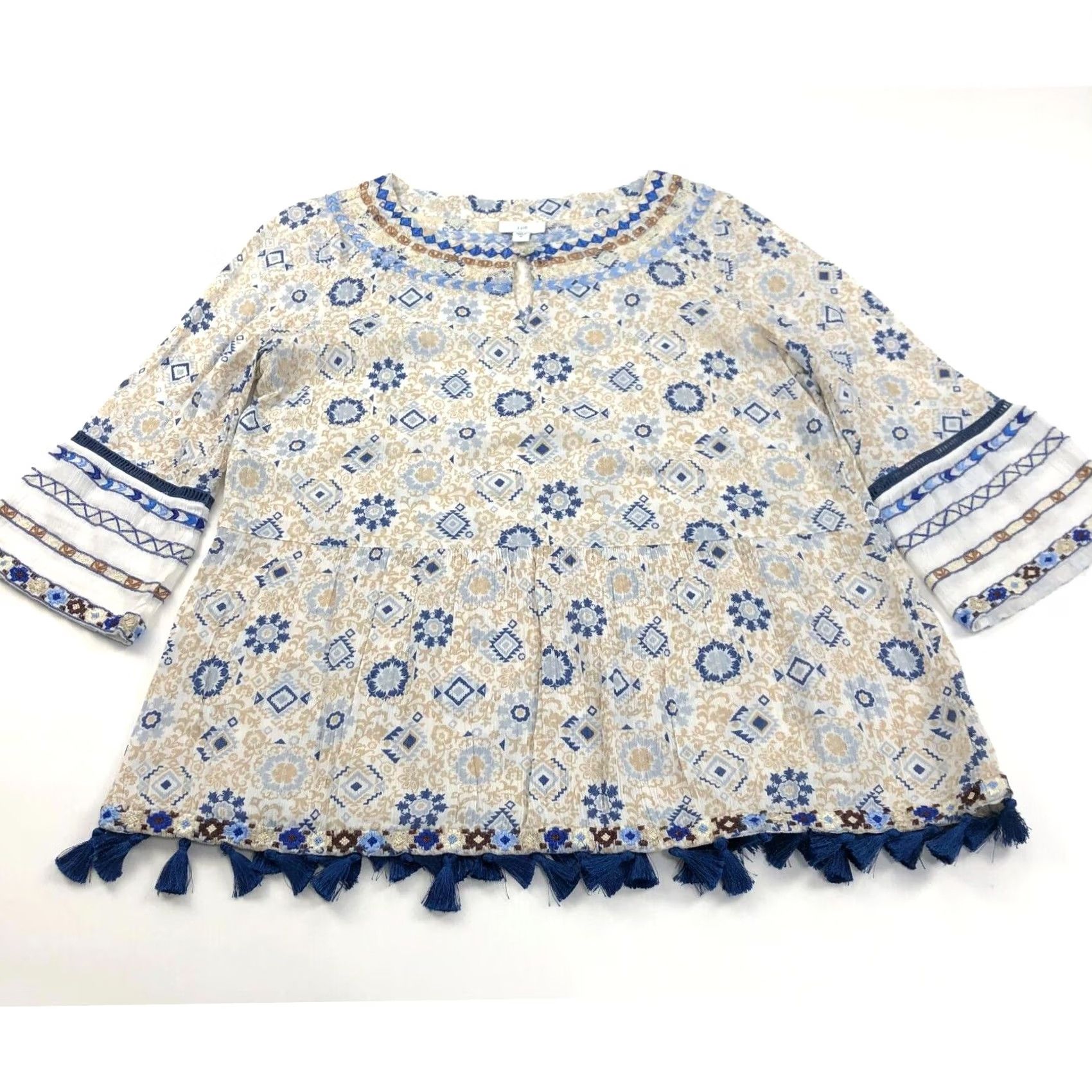 J. Jill J.Jill Blouse Shirt Tassel Boho Flowy All Over Print Button Top Pullover V-Neck Boat Neck MINT Multicolor Geometric Satin Size M / US 6-8 / IT 42-44 - 2 Thumbnail