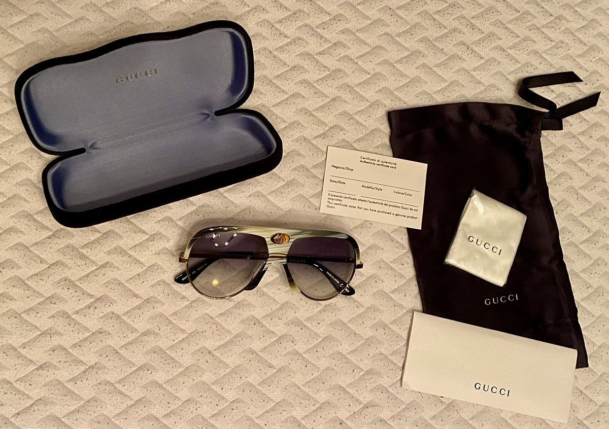 Gucci Gucci 🇯🇵 Grey/Moss Resin Amber GG Inlay Bridge Metal Gold NEW Size ONE SIZE - 2 Thumbnail