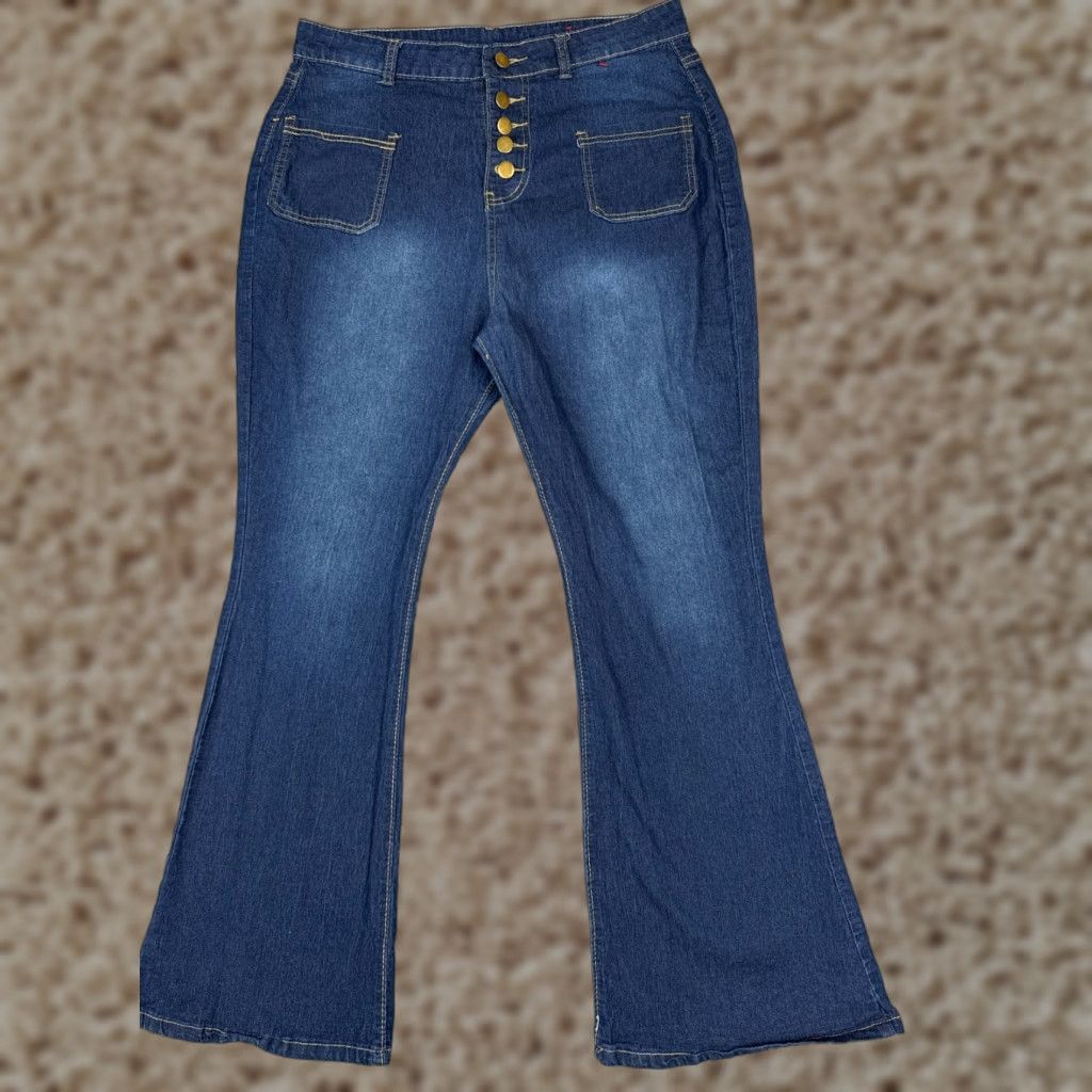 Vintage Womens Jeans 32 Blue Denim Flared High Rise Button Fly 32x28 Dark Wash Cotton Size 24" / US 00 / IT 34 - 1 Thumbnail