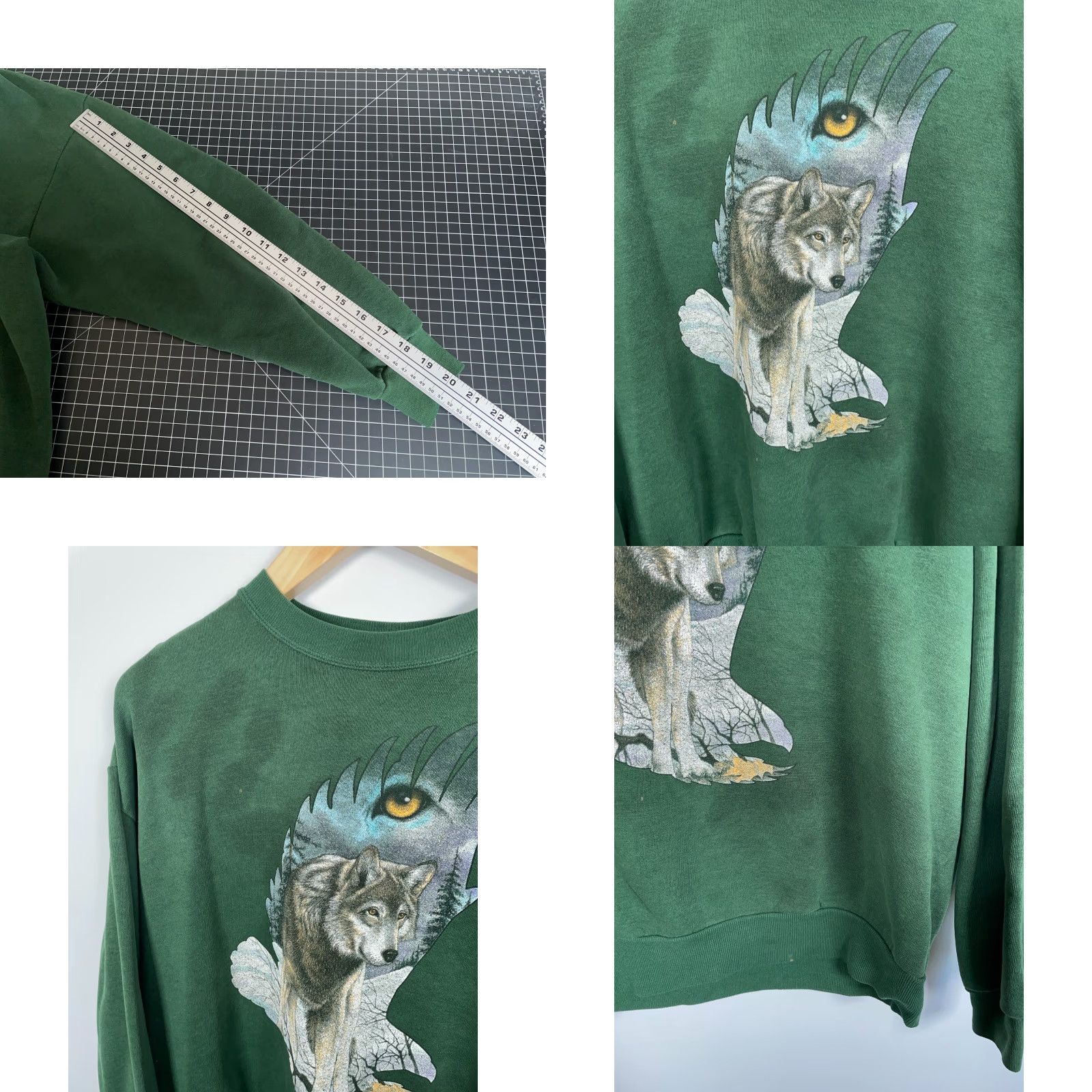 Vintage Vintage Wolf 90s Collage Sweatshirt Large Green 50/50 Blend Cotton Cotton Blend Fleece Graphic Print Crew Neck Long Sleeve Sweatshirt Men Regular Bio? Size US L / EU 52-54 / 3 - 8 Thumbnail