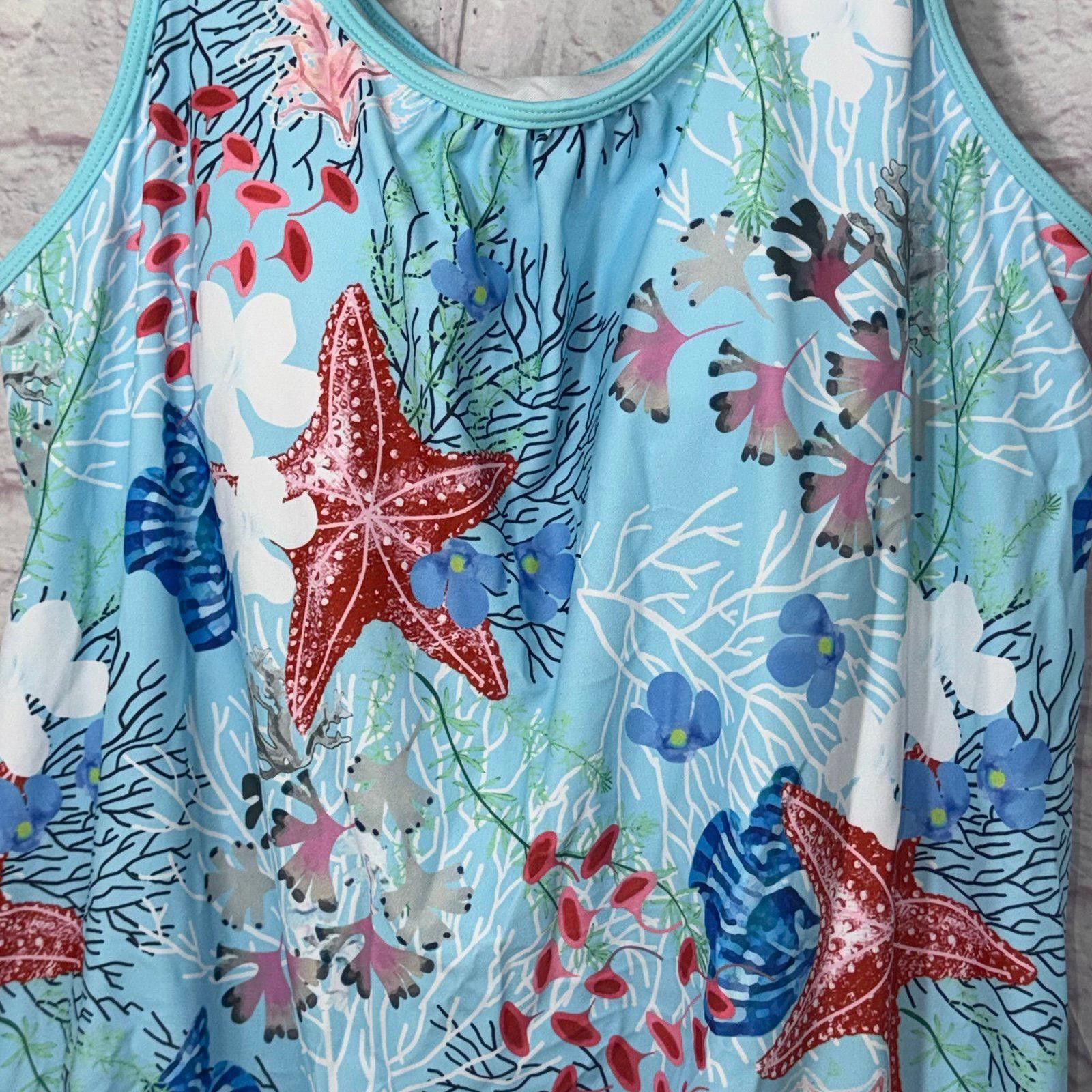 Other Sky Blue Marine Life Print Tie Tankini Size 1X Size ONE SIZE - 4 Thumbnail