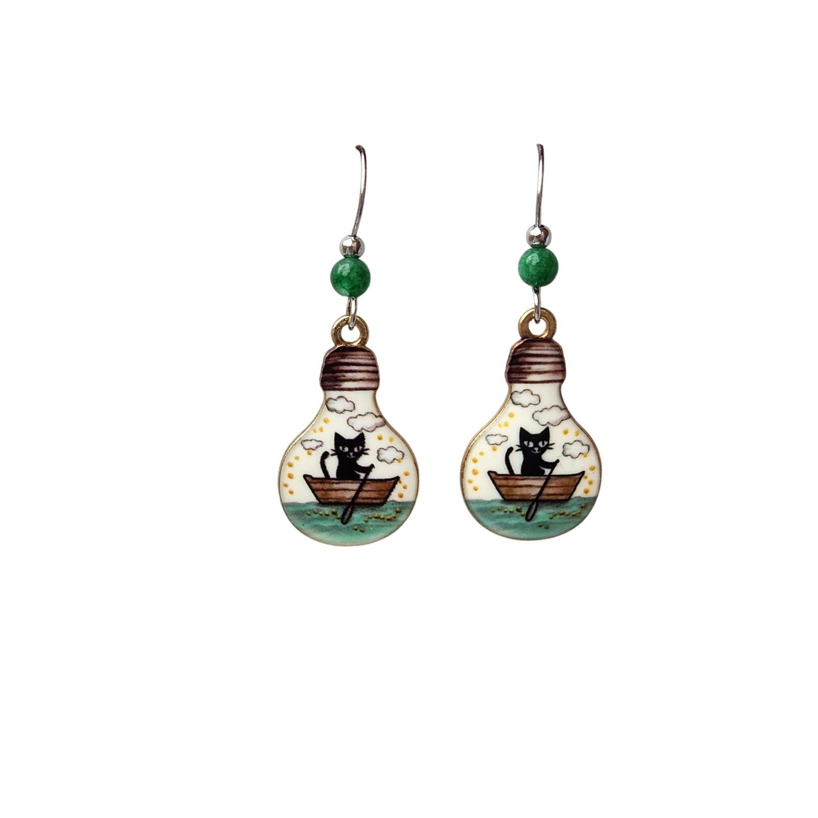 Other Cat in Boat Lightbulb Dangle Earrings Handmade Green Bead Size ONE SIZE - 2 Thumbnail