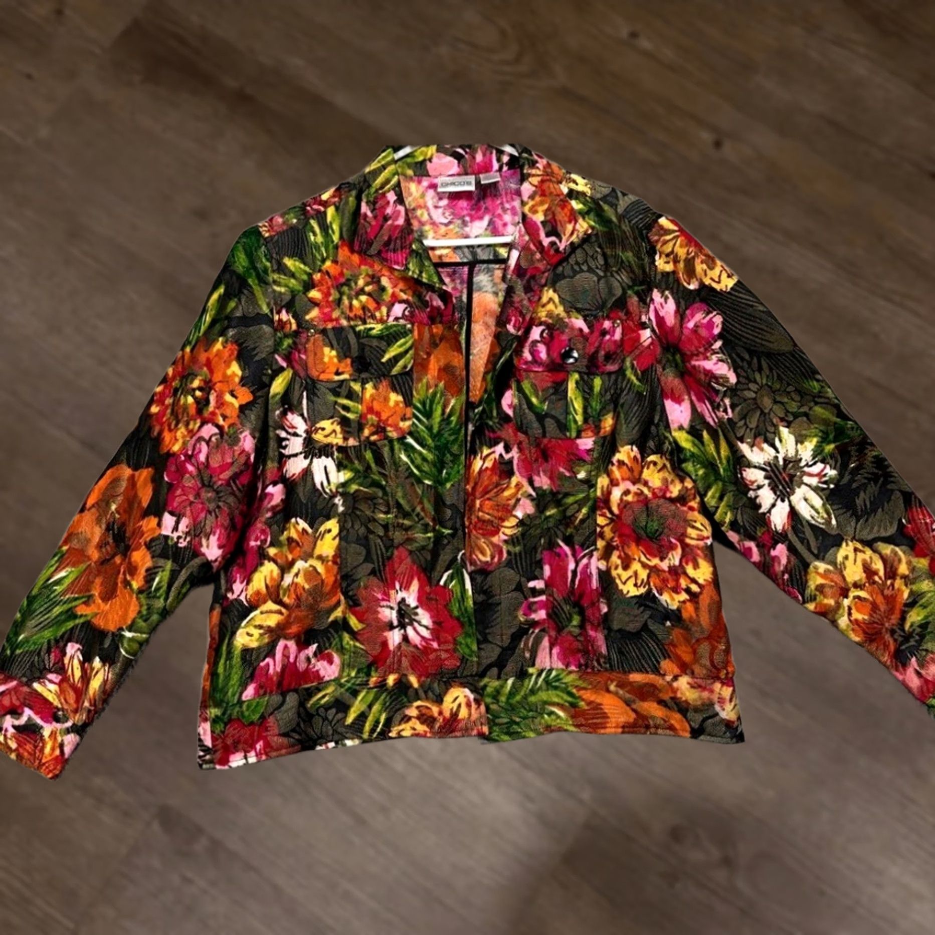 Vintage Chico's Trucker Jacket Womens 2 Black Floral Silk Metallic Open Front Coat Ladies Size XS / US 0-2 / IT 36-38 - 1 Thumbnail