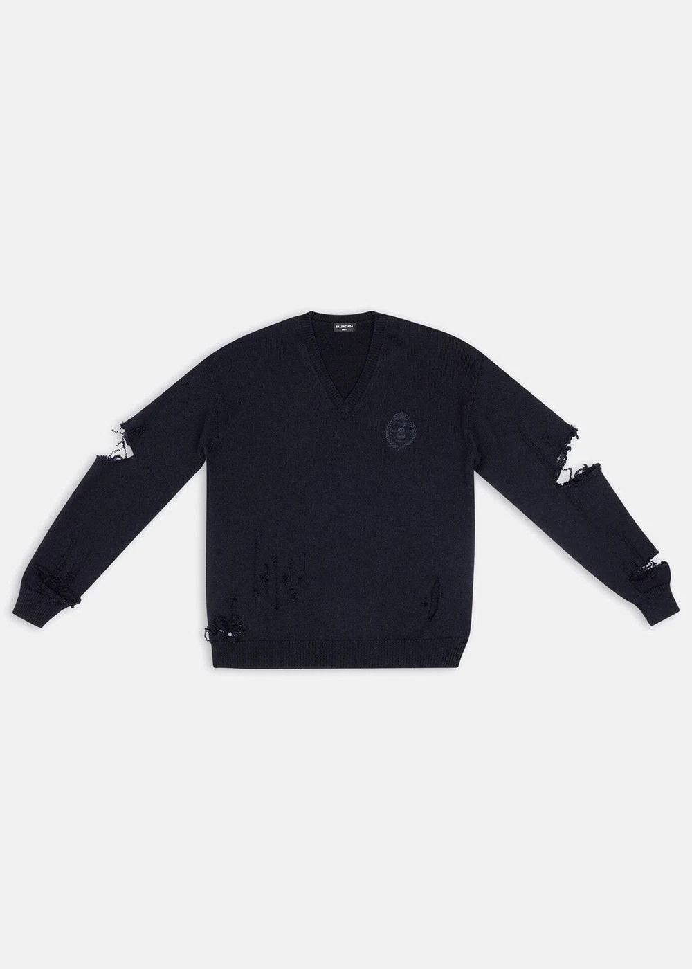 Image of Balenciaga O1Mt1Gz0524 Destroyed Oversized V-Neck Sweater In Navy Blue, Women's (Size Small)