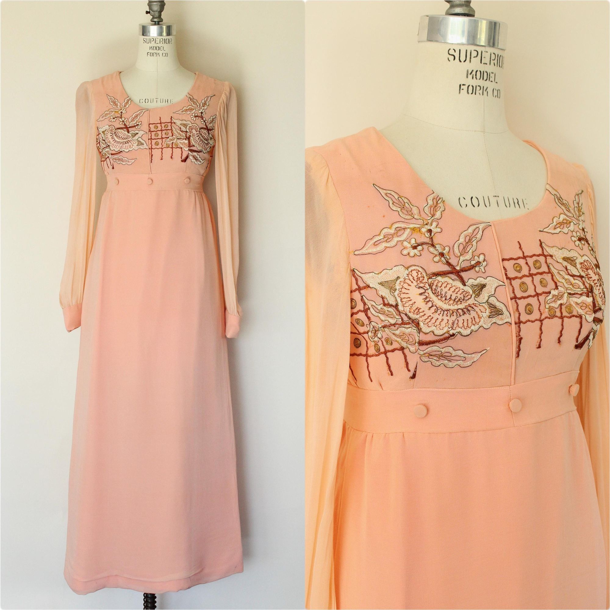 Vintage Vintage 1960s Dress, Peach Maxidress with Asian Inspired Emb Size S / US 4 / IT 40 - 2 Thumbnail