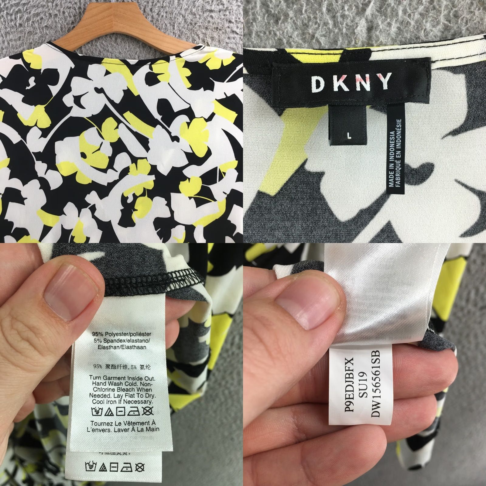 DKNY DKNY Dress Womens L Floral Yellow Black White Faux Wrap Ruched Elbow Sleeve Knee Length Casual Womens Size L / US 10 / IT 46 - 9 Thumbnail