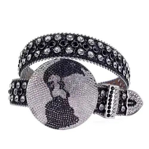 Japanese Brand × Vintage y2k black white studded rhinestone leather belt Size 34 - 1 Thumbnail