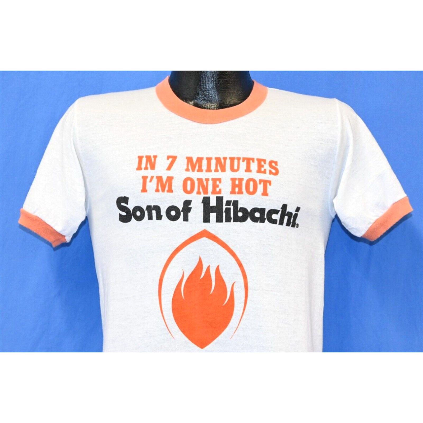 image of Vintage VTG 80's Son Hibachi 7 Jminutes I'm One Hot Grill Promo Ringer Flame T-Shirt S in White (Si