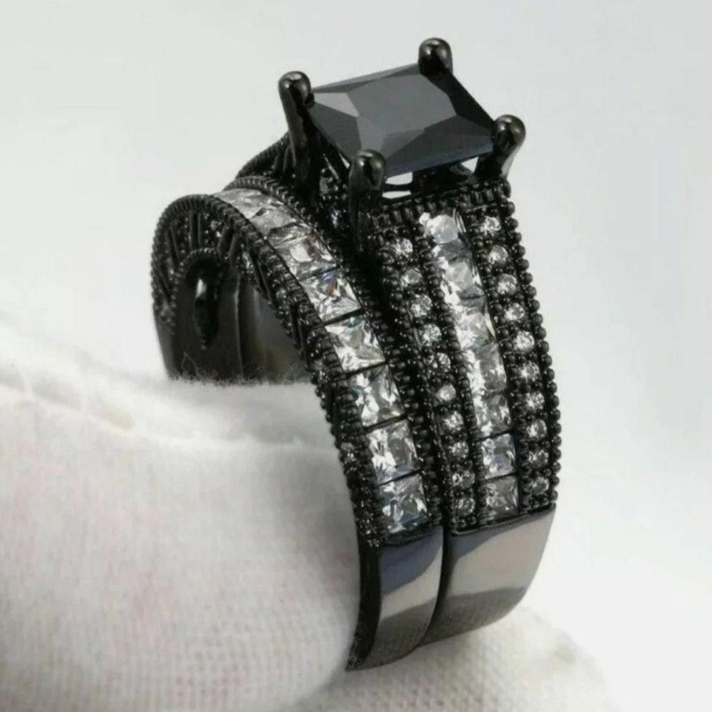 Designer 2Pcs 925 Silver Black Zircon Engagement Ring Set - Size 5 Size ONE SIZE - 2 Thumbnail