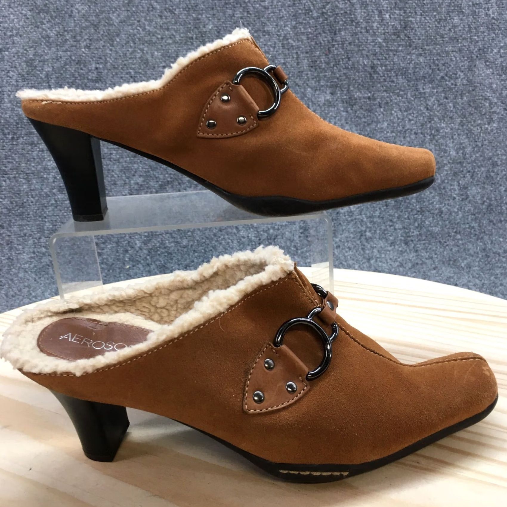 Vintage Aerosoles Heels Womens 10 B Cinch Shearly Mules Brown Leather Slip On Heels Block Fur Trim Size US 10 / IT 40 - 2 Thumbnail