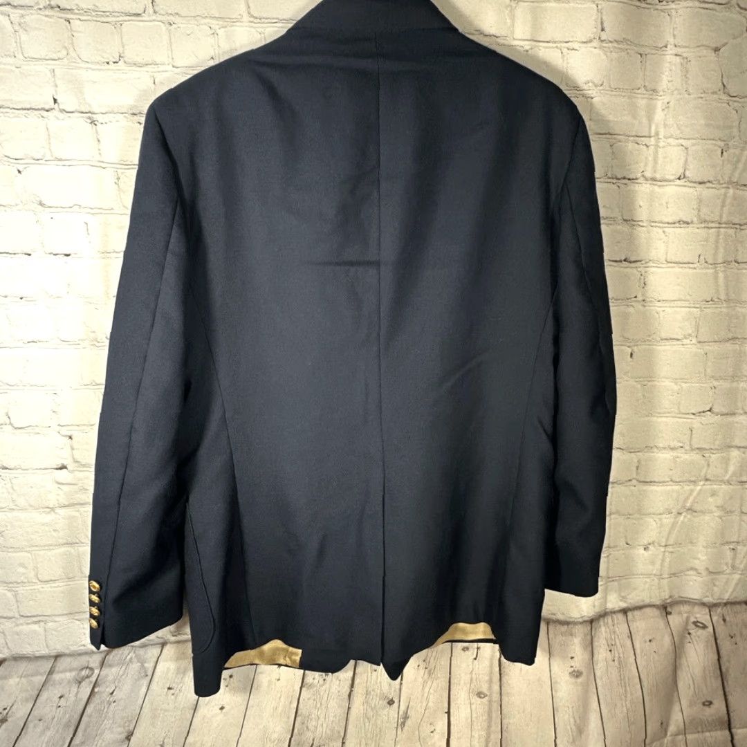 Vintage Arnold Palmer Blazer Sport Coat Navy Blue Gold Buttons Crest Made in USA Blazer 44R Men, Navy Blue, Crest, USA, 44, Regular, Tan Exterior, P2P 22” Size 44R - 4 Thumbnail