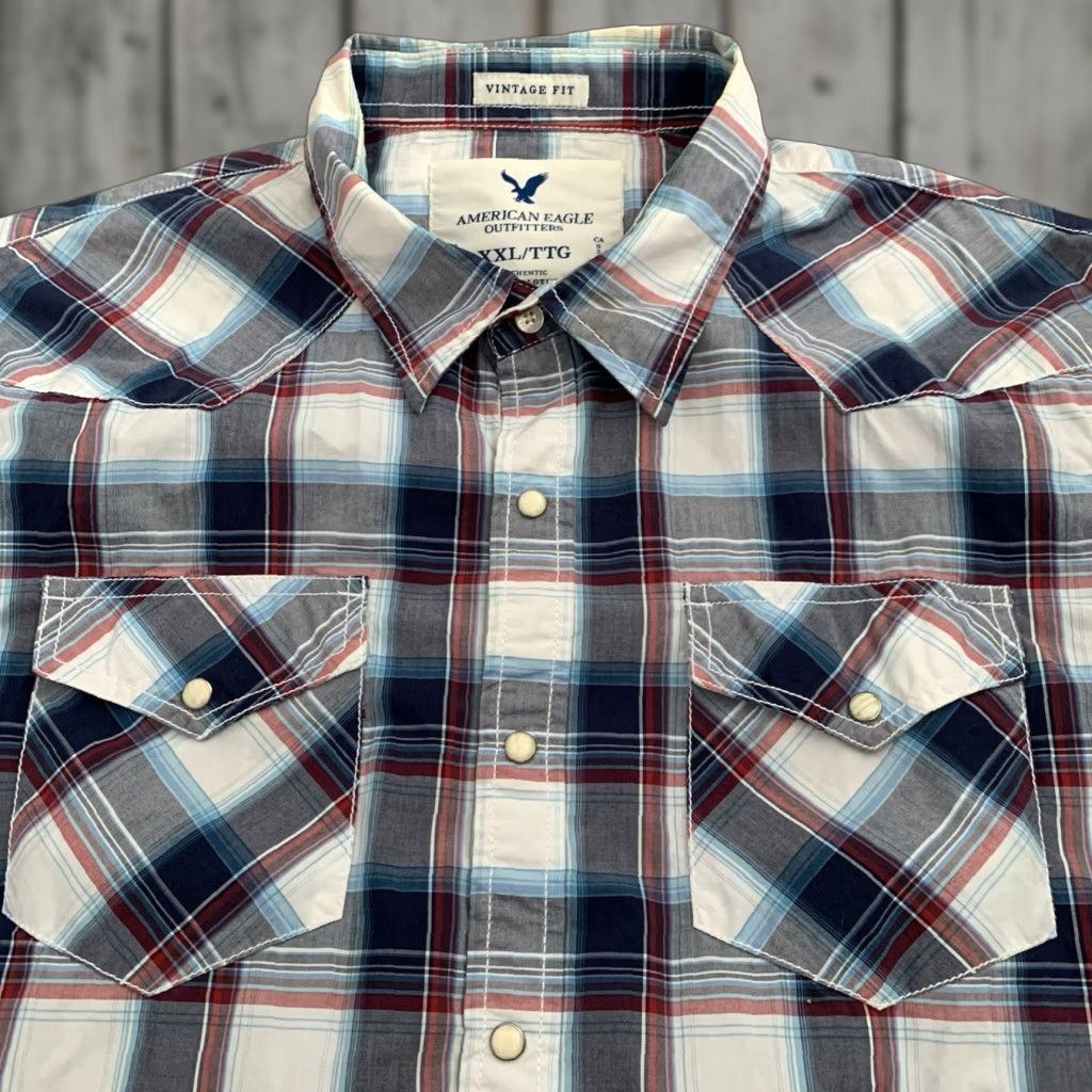 American Eagle Outfitters American Eagle Shirt Mens XXL Pearl Snap Vintage Fit Blue Plaid Long Sleeve Shirt Size US XXL / EU 58 / 5 - 1 Thumbnail
