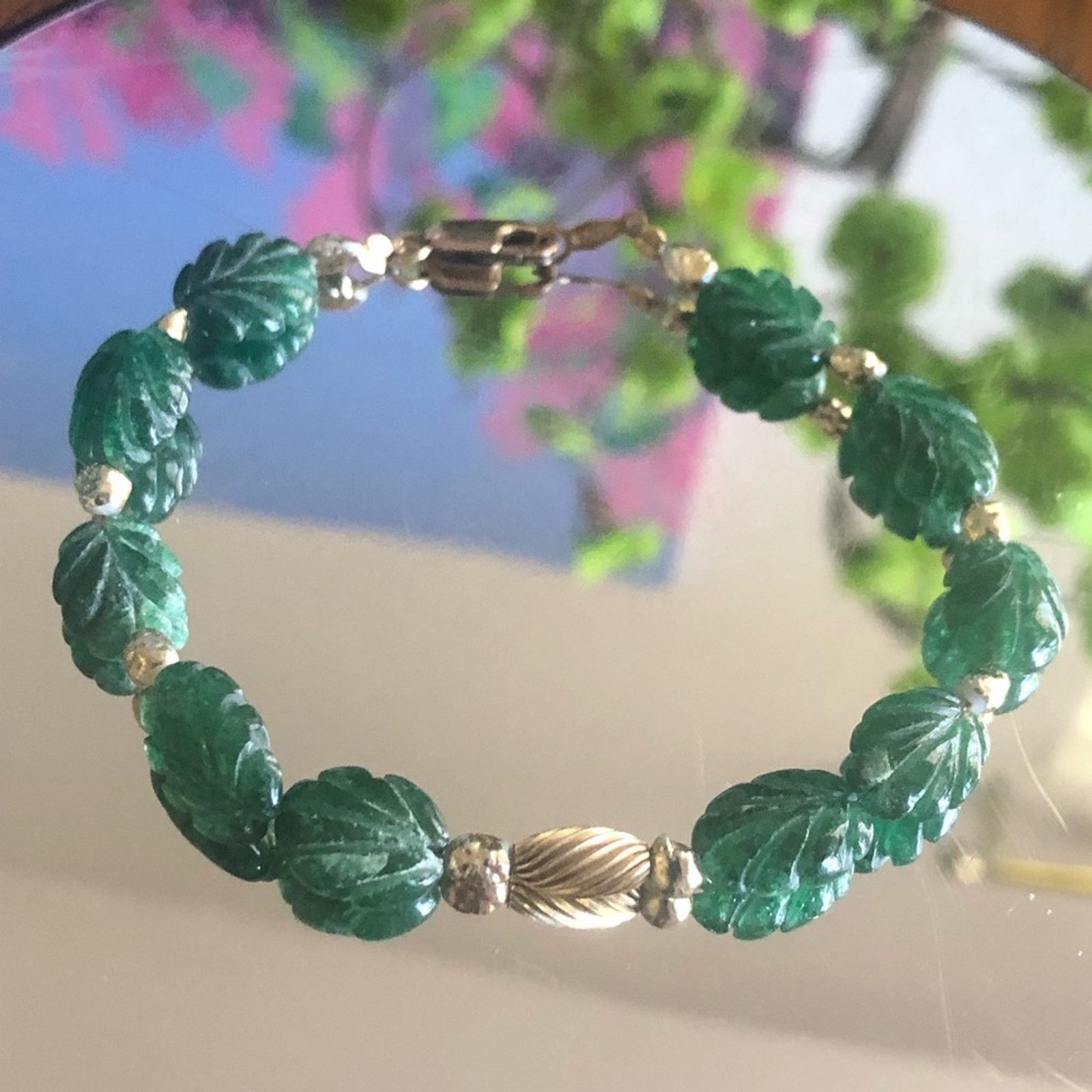 Vintage Vintage hand carved leaf nephrite jade gold filled bracelet Size ONE SIZE - 1 Thumbnail