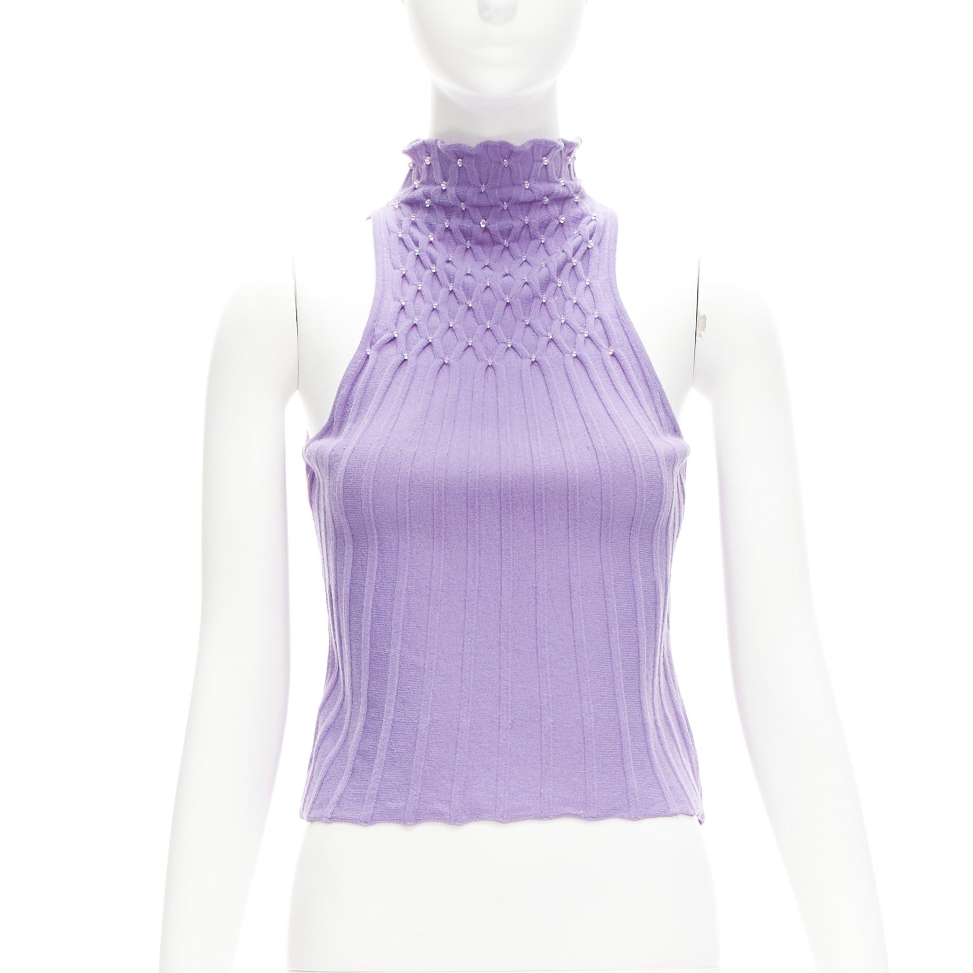 image of Gianni Versace Vintage Purple Wool Jewel Bead Embellished Crop Turtleneck It38 Xs, Women's