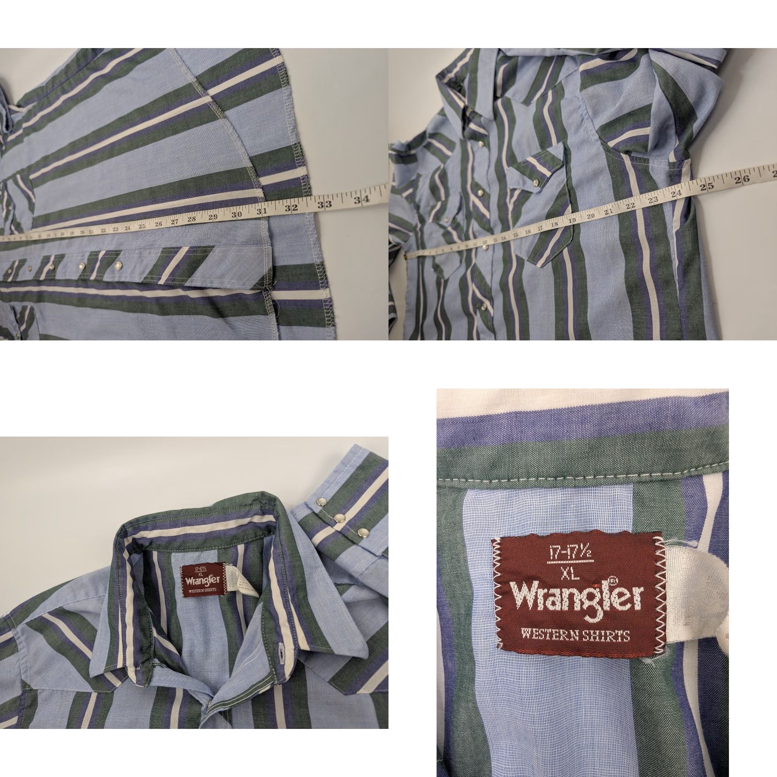 Wrangler VINTAGE Wrangler Western Pearl Snap Long Sleeve Stripe Shirt XL 17-17.5 Mens Button-Up, Blue Green, Cotton Polyester, 90s, Casual, Workwear, Travel Size US XL / EU 56 / 4 - 8 Thumbnail