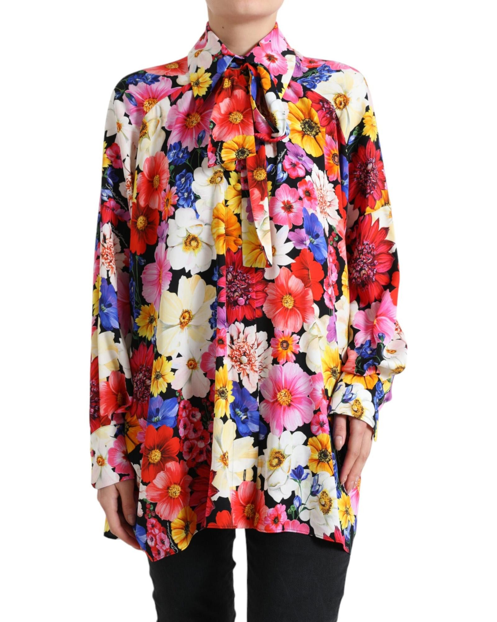 image of Dolce Gabbana Floral Ascot Collared Silk Blouse, Women's (Size Small)