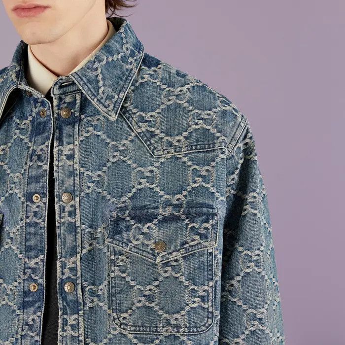 Gucci o1loc1c0226 713911 GG Jacquard Denim Shirt in Blue Size US M / EU 48-50 / 2 - 6 Thumbnail