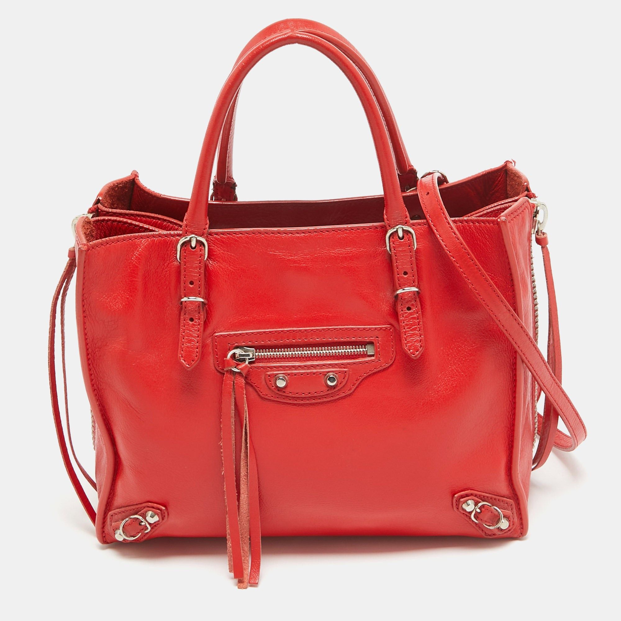 image of Balenciaga Red Leather Mini Papier A4 Tote, Women's