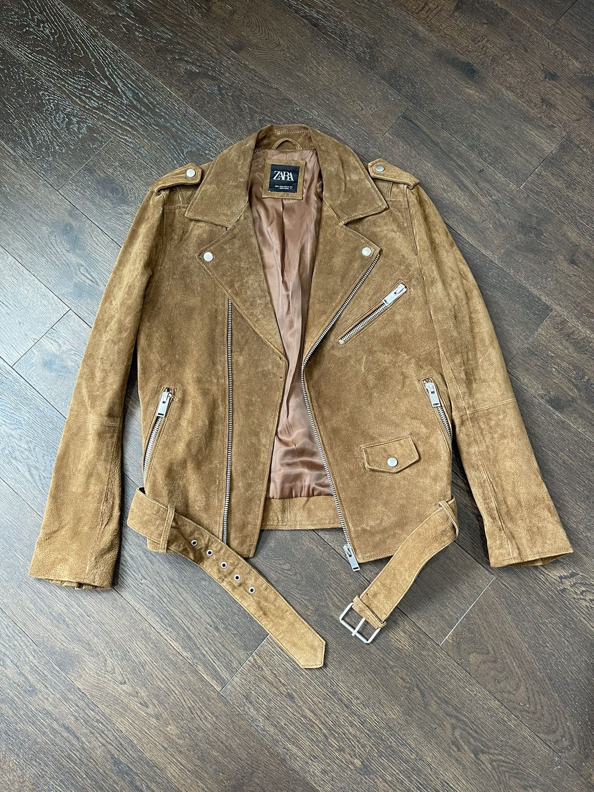 Veste Moto En Simili Daim ZARA Homme - Taille S (Petite) - Marron - Neuf Sans Étiquettes