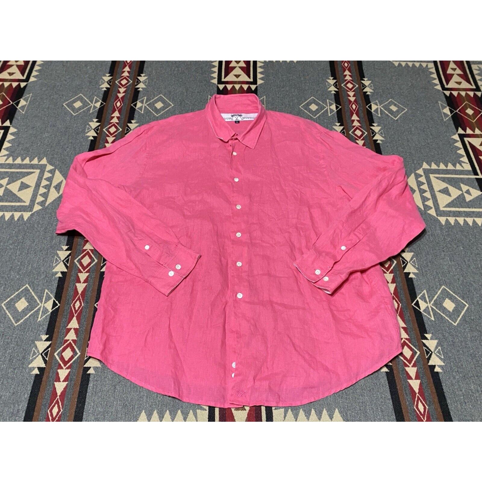 image of Pinko Pink House Mustique Shirt Mens XL Pink 100% Linen Long Sleeve Beach T76 in White