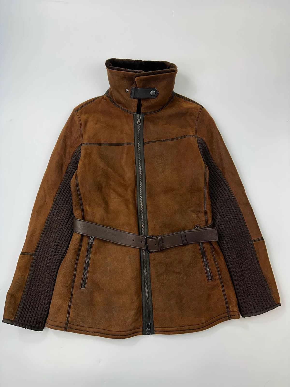 Prada Prada Sport FW01-05 Brown Leather & Wool Belted Coat Size L / US 10 / IT 46 - 1 Thumbnail