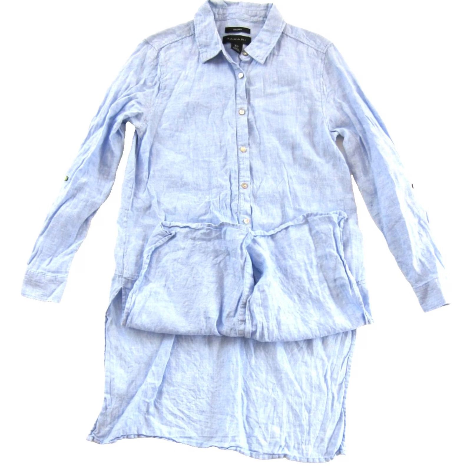 Vintage TAHARI Blouse Shirt 100% Linen Blue Collared Long Sleeve Button Down Slit Small Womens Size S / US 4 / IT 40 - 4 Thumbnail