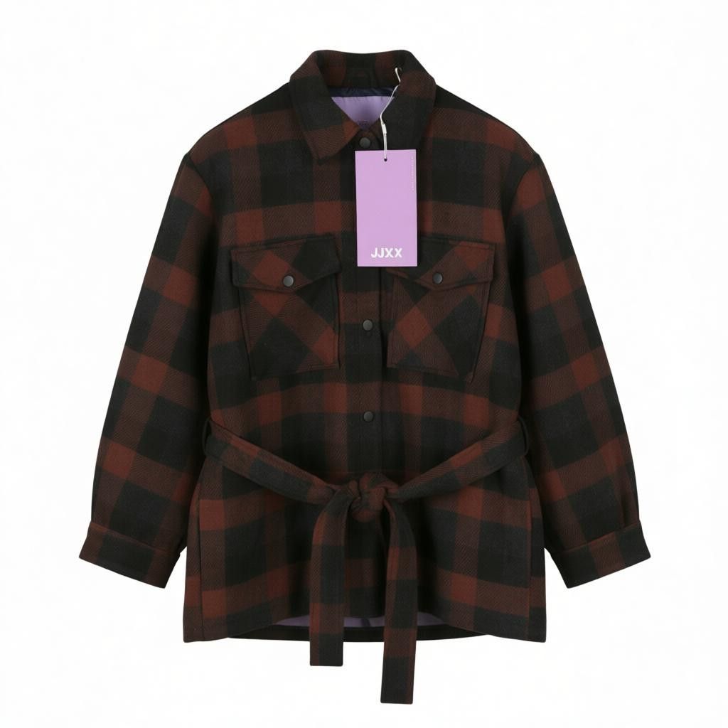 Jack & Jones BLANCA OVERSHIRT S Black Plaid Wool Blend Belt 88042 Size S / US 4 / IT 40 - 1 Thumbnail