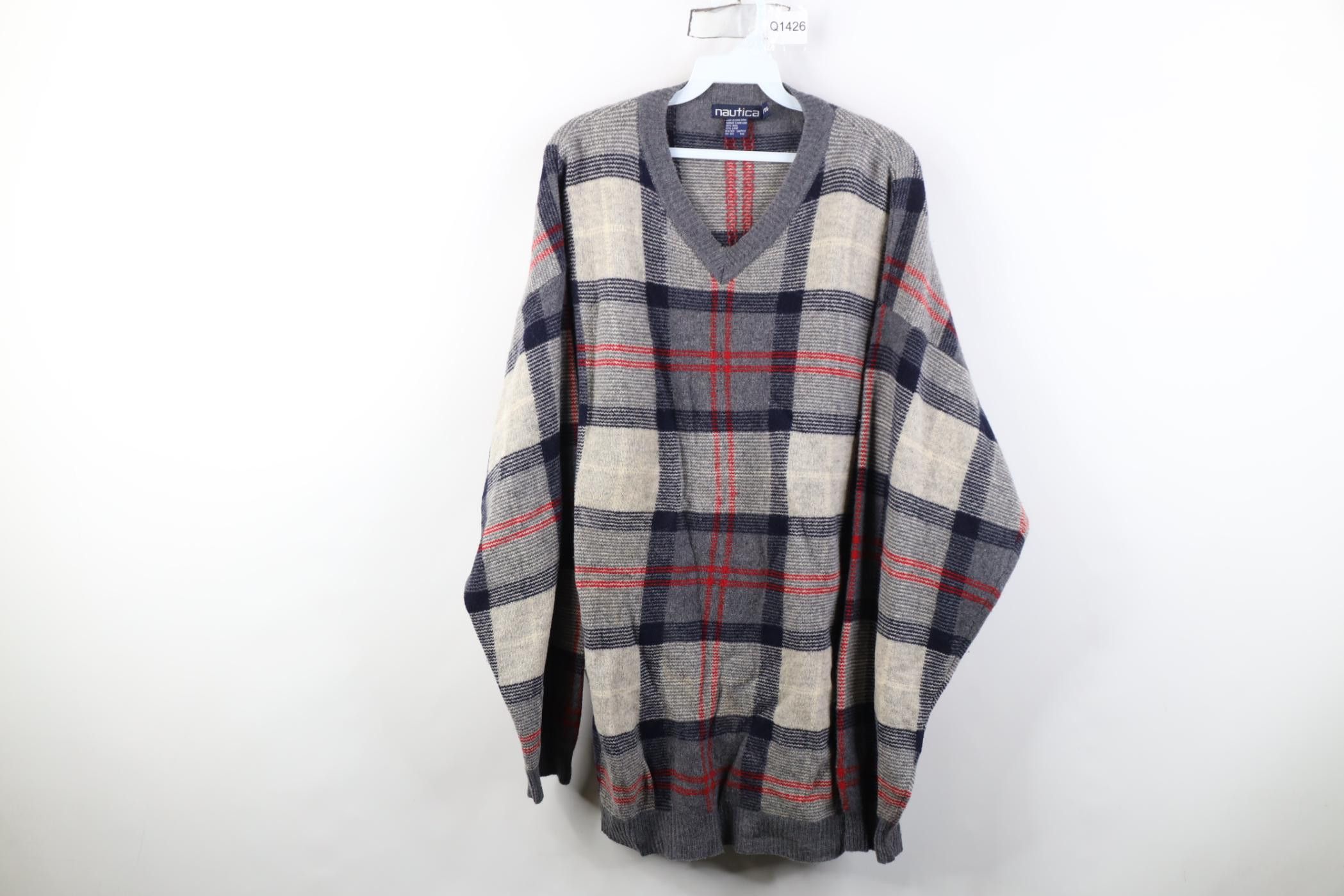 Nautica Vintage 90s Nautica Wool Knit V-Neck Sweater Checkered Plaid Size US XL / EU 56 / 4 - 1 Thumbnail