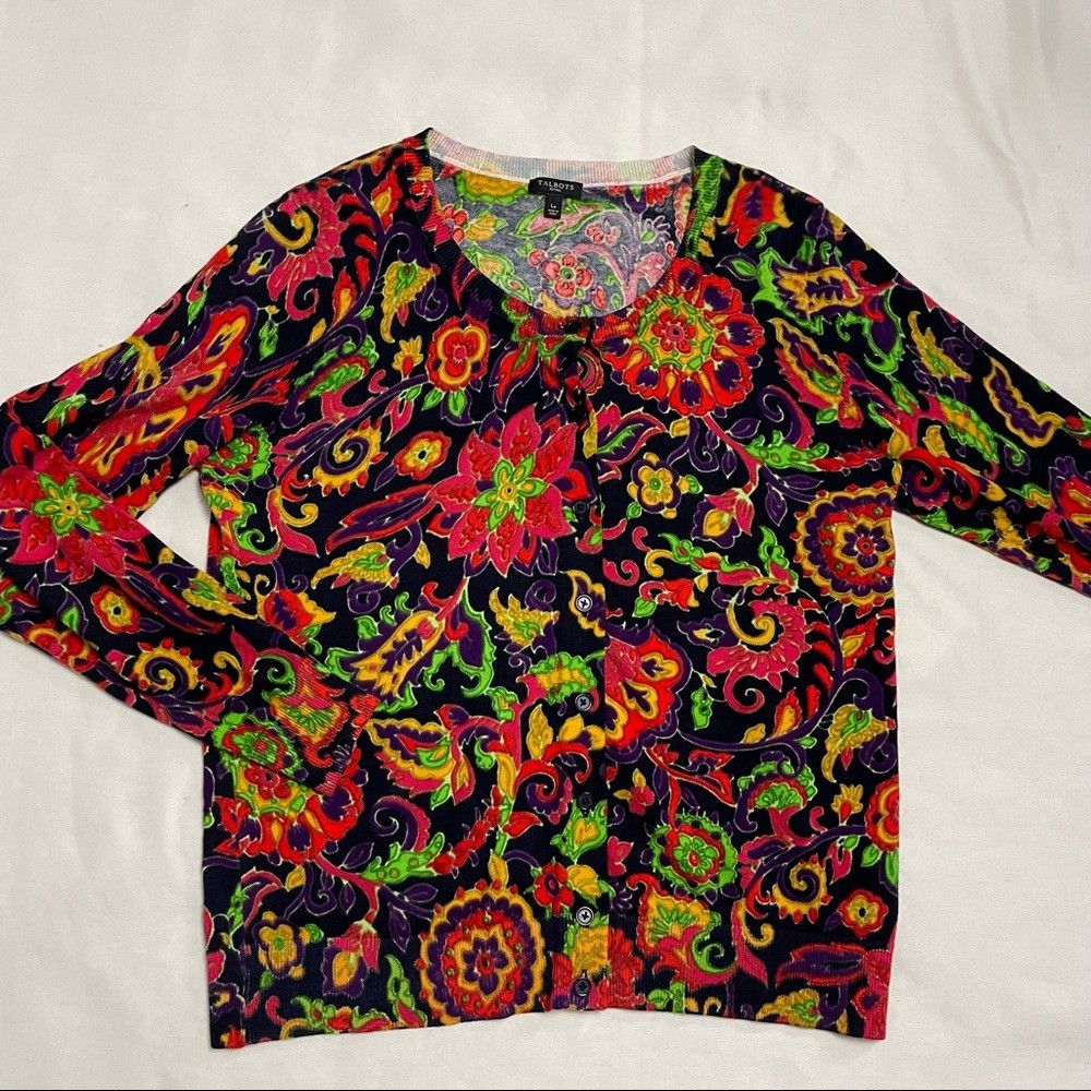 Talbots TALBOTS Floral Rayon Cotton Cardigan Sweater Size L Petite Size L / US 10 / IT 46 - 5 Thumbnail