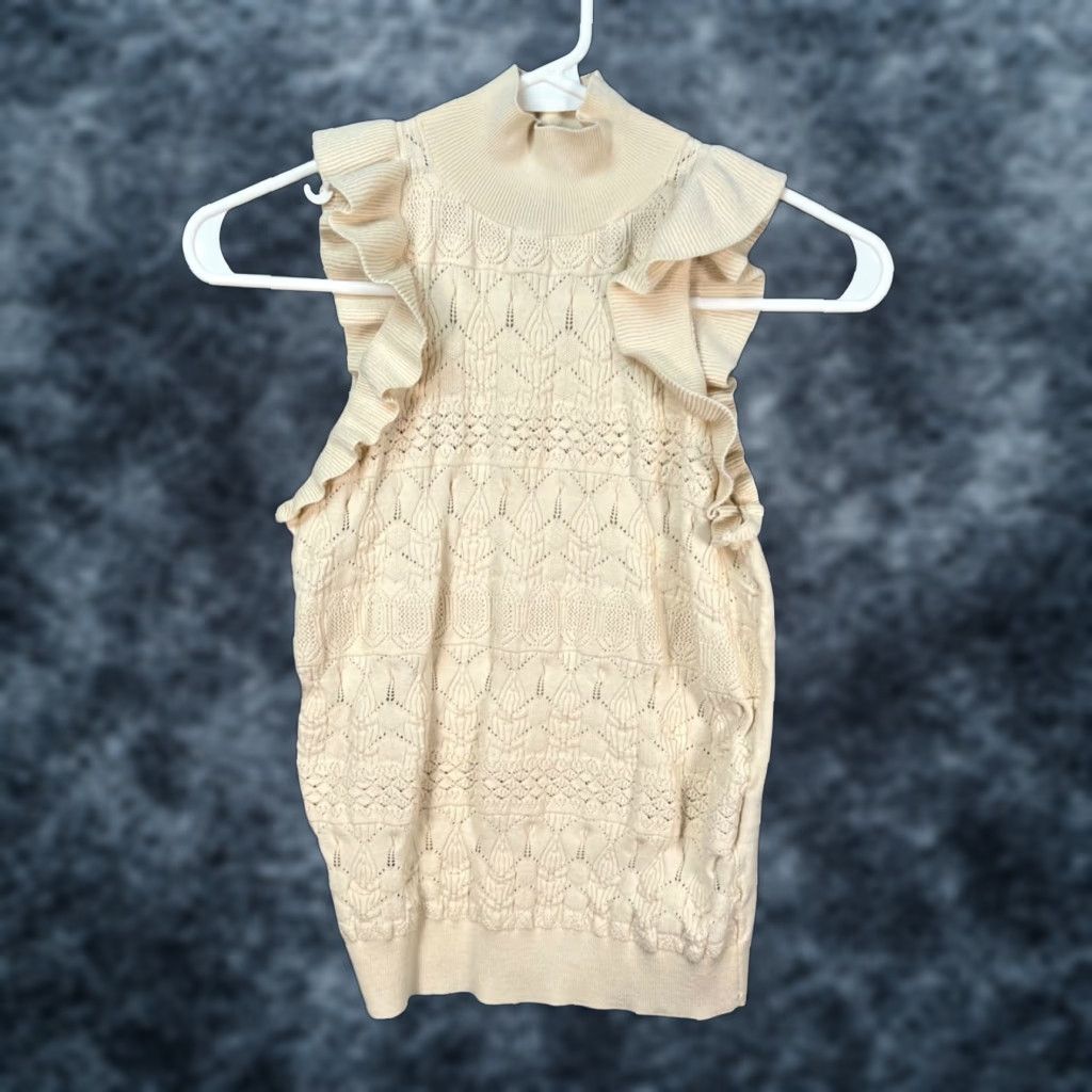 Vintage WHO WHAT WEAR Women's XS Cream Sleeveless Knit Top Ruffle Trim Lace Detail Mock Neck Casual Blouse Womens XS Cream Knit Top 90s? Size XS / US 0-2 / IT 36-38 - 1 Thumbnail