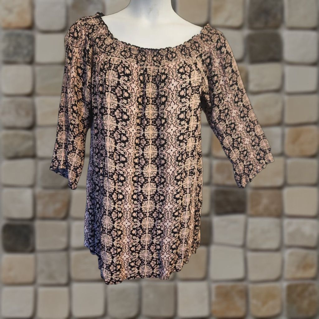 Vintage VINTAGE Ultra Flirt Pink Black Floral Crinkle Off Shoulder Tunic Top Hippie Boho 1X Plus Size XL / US 12-14 / IT 48-50 - 1 Thumbnail