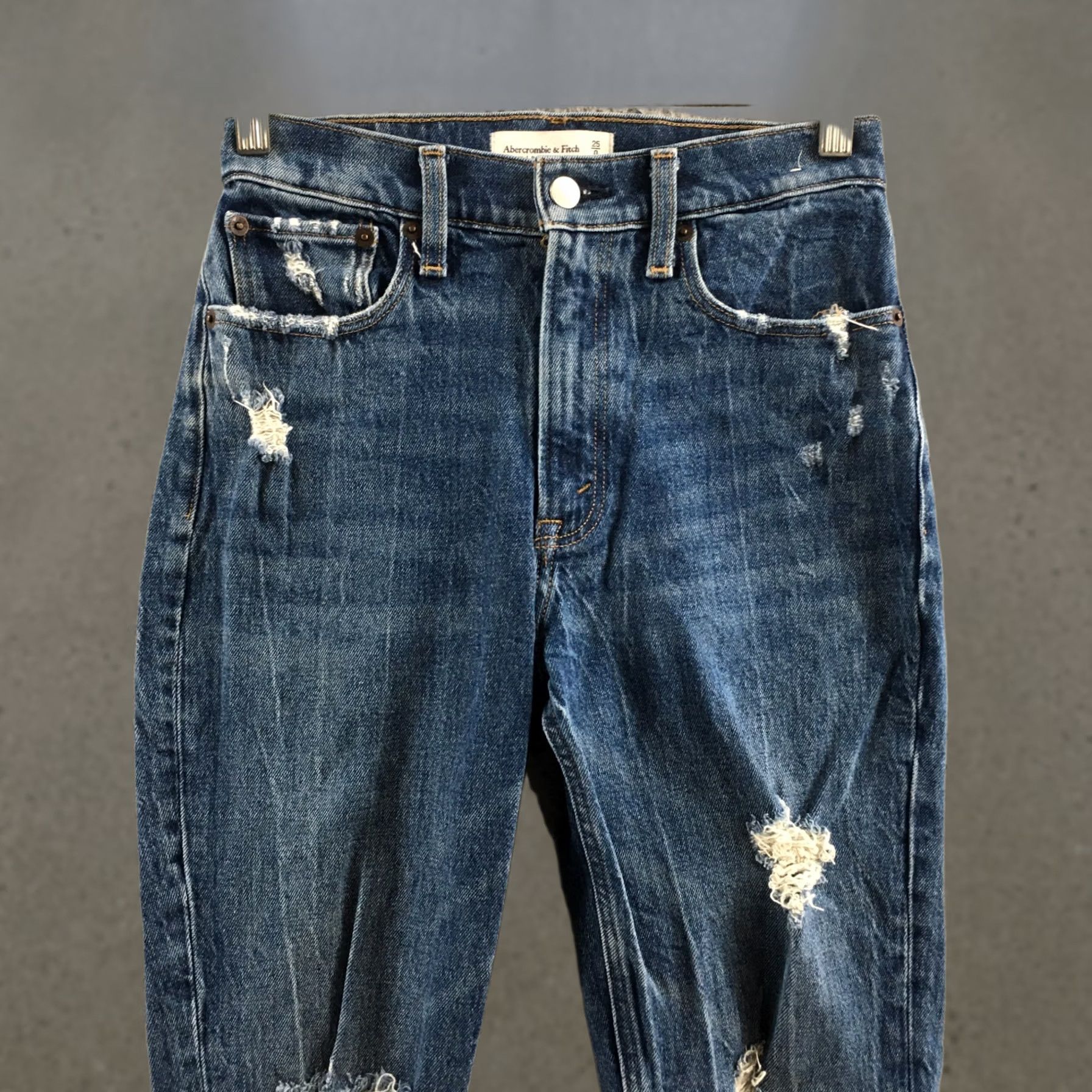 Abercrombie & Fitch Abercrombie & Fitch Hi-Rise Mom Jeans Womens 25 Blue Denim Distressed Raw Hem Jeans Size 42" / US 20 - 1 Thumbnail