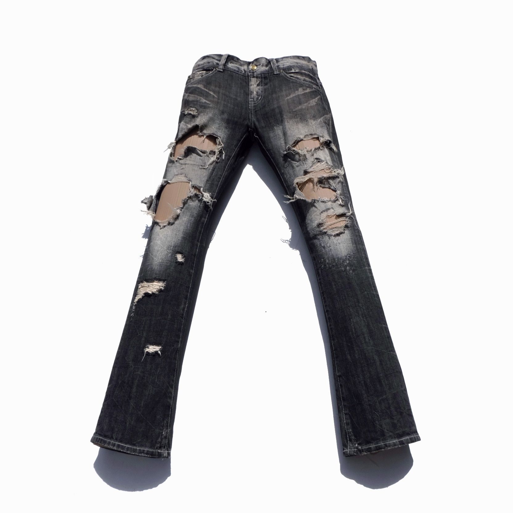 image of 14Th Addiction x 5351 Pour Les Hommes La Gate Destroyed Flare Jeans in Black Grey, Men's (Size 30)