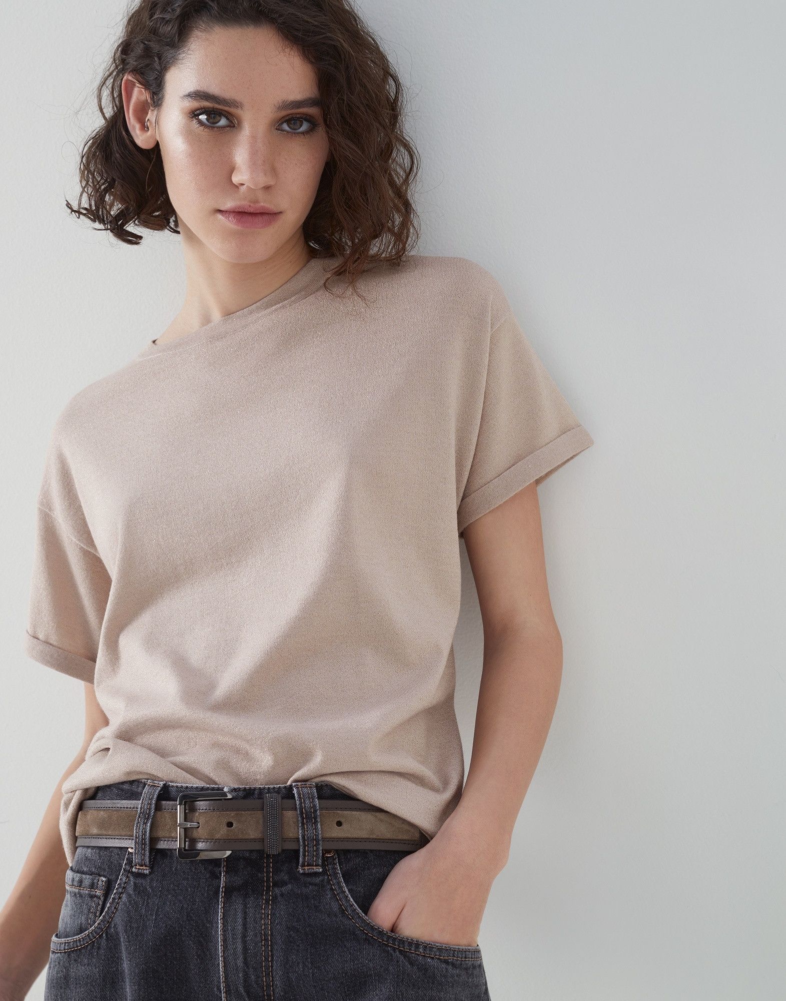 Brunello Cucinelli o1la1rc1a0325 Cashmere T-Shirt With Lurex in Beige Size L / US 10 / IT 46 - 2 Thumbnail