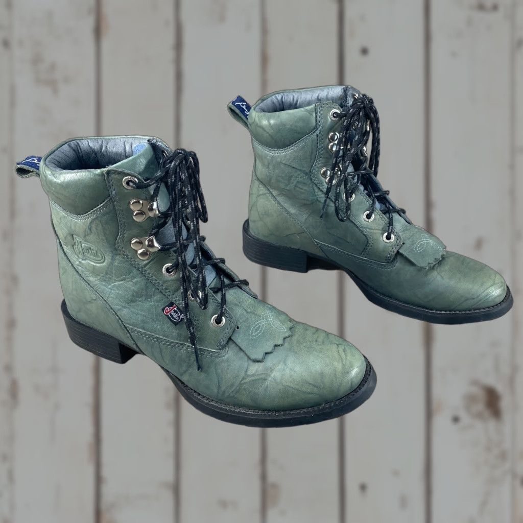 Justin Boots Justin Womens 6.5B Boots Cowboy Kiltie Lace Up Lacer Green Leather George Strait - J Flex Size US 7 / IT 37 - 1 Thumbnail