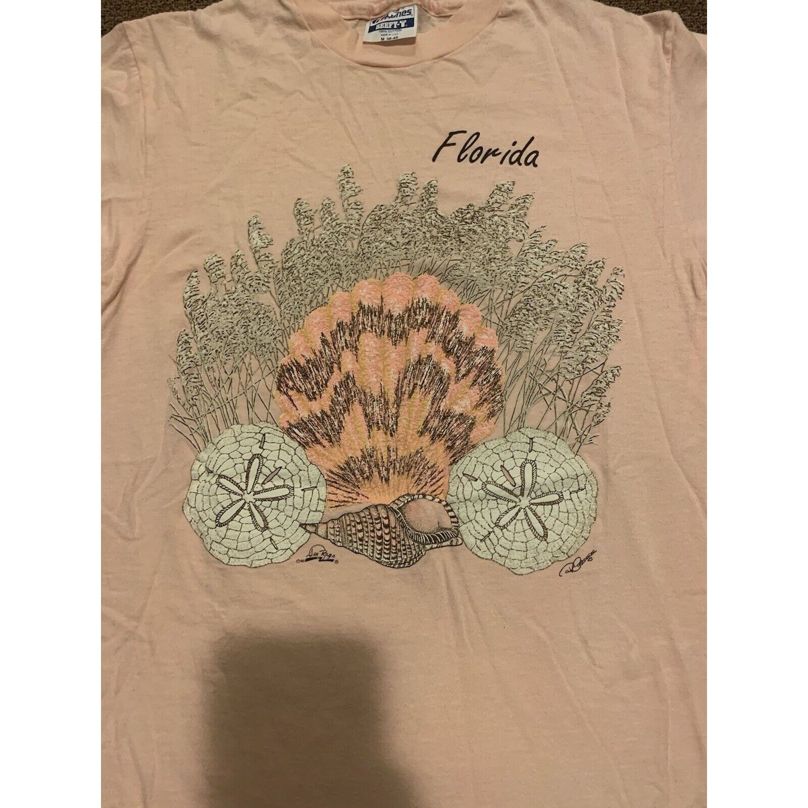 Hanes Vintage Men’s L Florida 90s Coral Sea Shells Pink T-Shirt Size US L / EU 52-54 / 3 - 2 Thumbnail